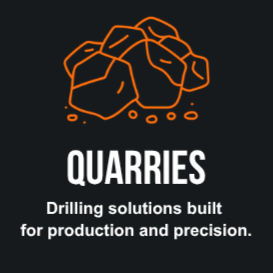 Graphic of orange rocks above the word 'QUARRIES' with the subtitle 'Drilling solutions built for production and precision.'