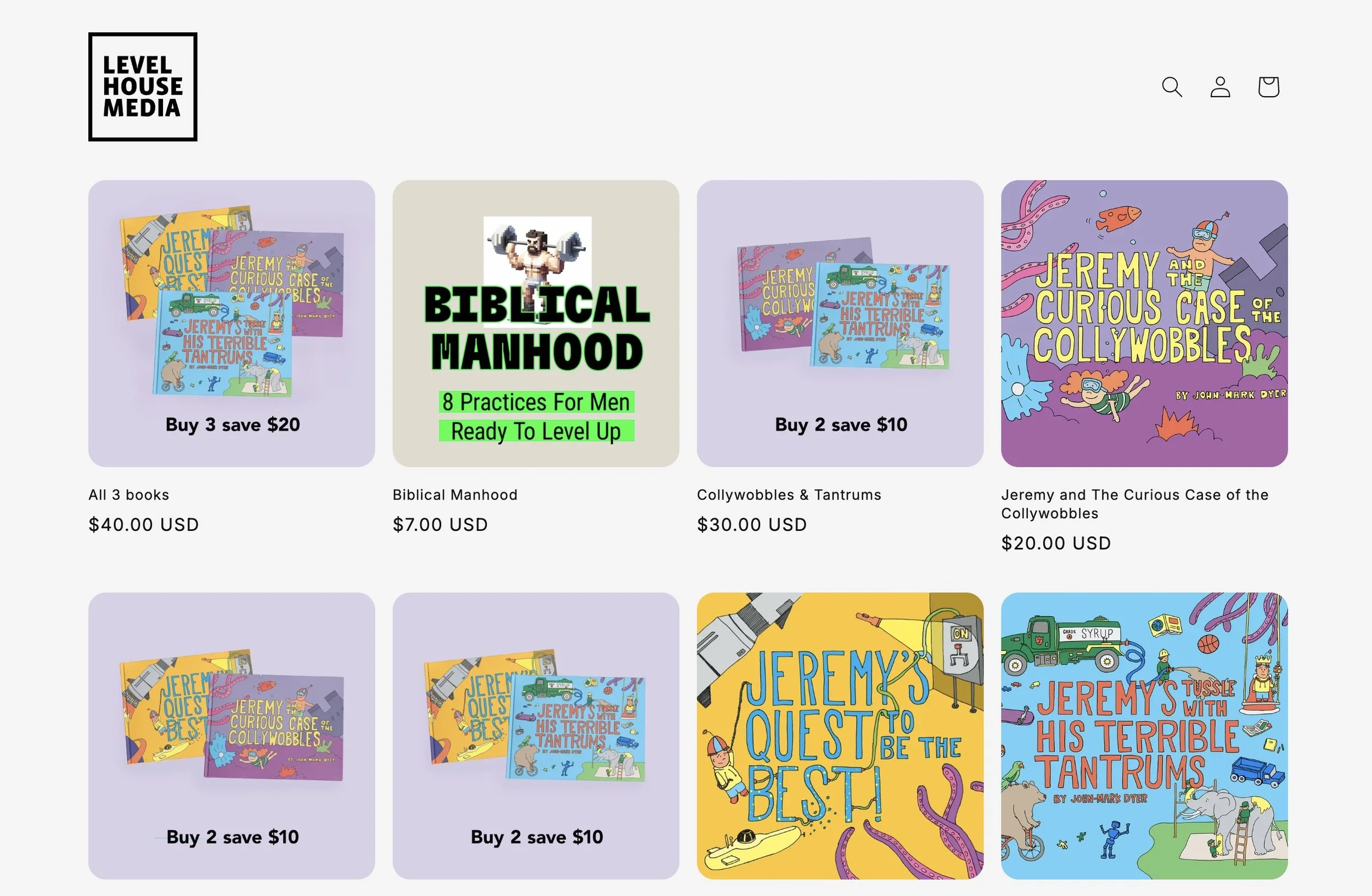 Online bookstore displaying children's books by Jeremy D. Collywobbles, with titles and prices.