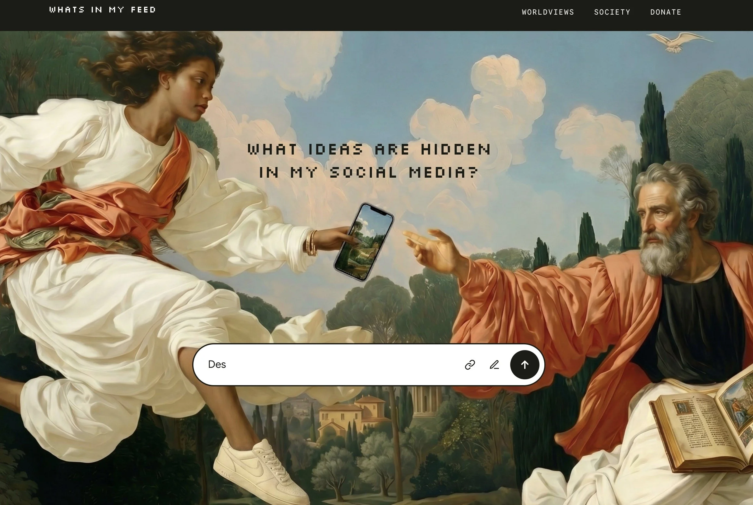 A woman in white Nike sneakers and a flowing dress appears to be part of a digital collage over a background resembling a classical painting of the sky, trees, and buildings. The woman is holding a smartphone, which shows a digital landscape. The image contains a caption asking, 'What ideas are hidden in my social media?'