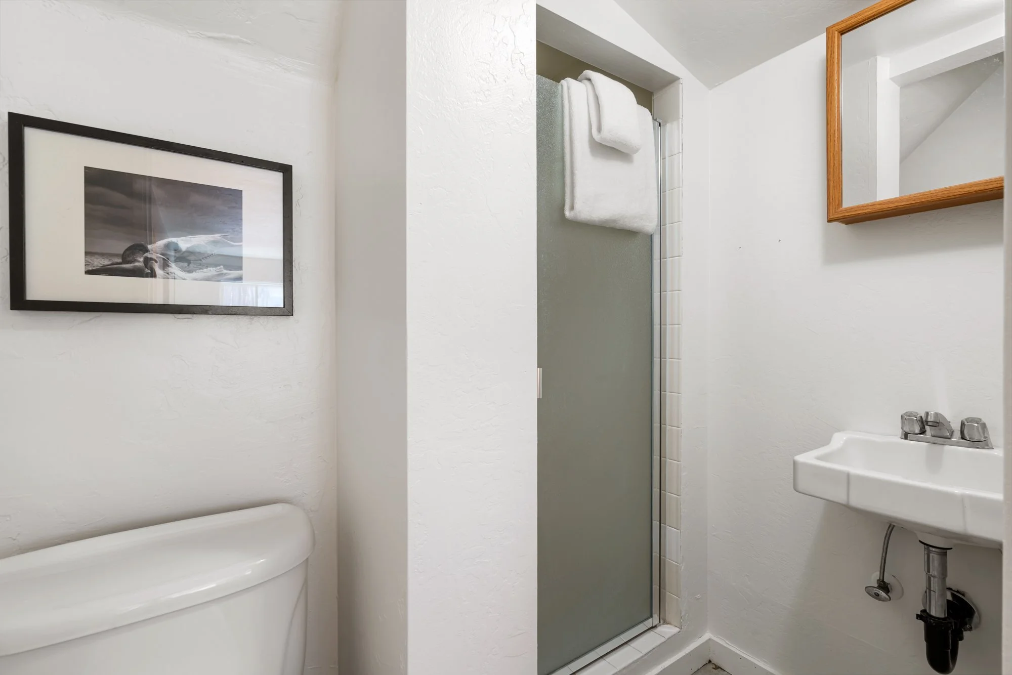 Small bathroom with a white porcelain sink, a mirror with a wooden frame, a towel hanging on a towel bar, a framed black-and-white photograph of a bird on the wall, a shower with a glass door, and a white bathtub.