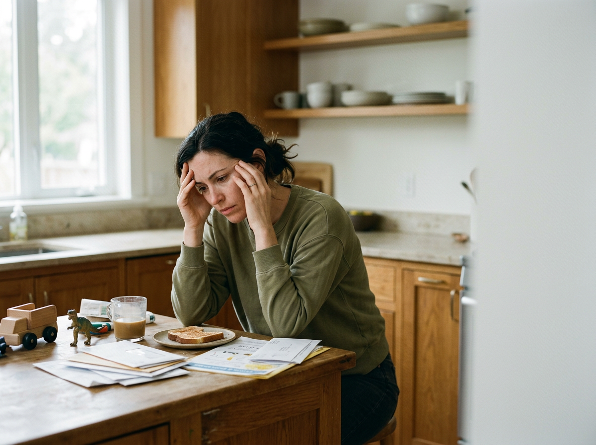 A parent sitting at a kitchen table looks stressed, with her hands on her head. The table has a glass of coffee, a slice of toast, papers, and some small toys.