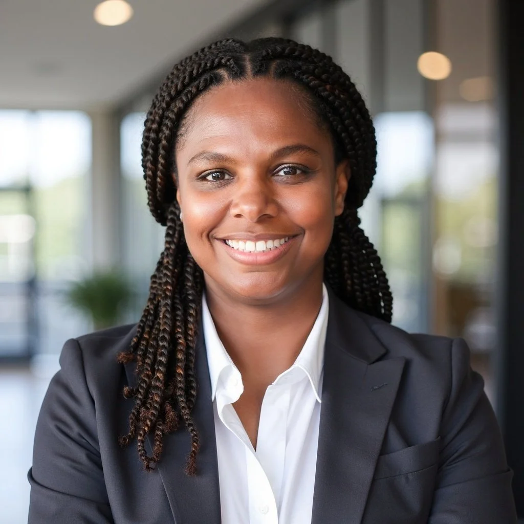 A woman with braided hair, wearing a black blazer and white shirt, smiling in an office environment.