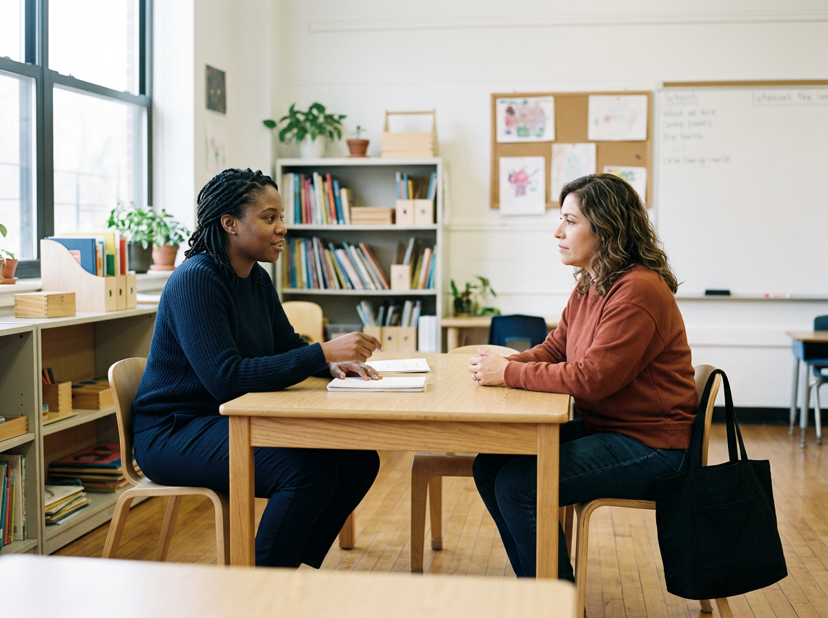Two women sitting across from each other at a wooden table in a classroom, engaging in a conversation. The woman on the left has dark braided hair and is wearing a blue sweater, while the woman on the right has wavy hair and is wearing an orange-brown sweatshirt with a black bag hanging on her chair. There are bookshelves, plants, and children’s drawings on the wall in the background.