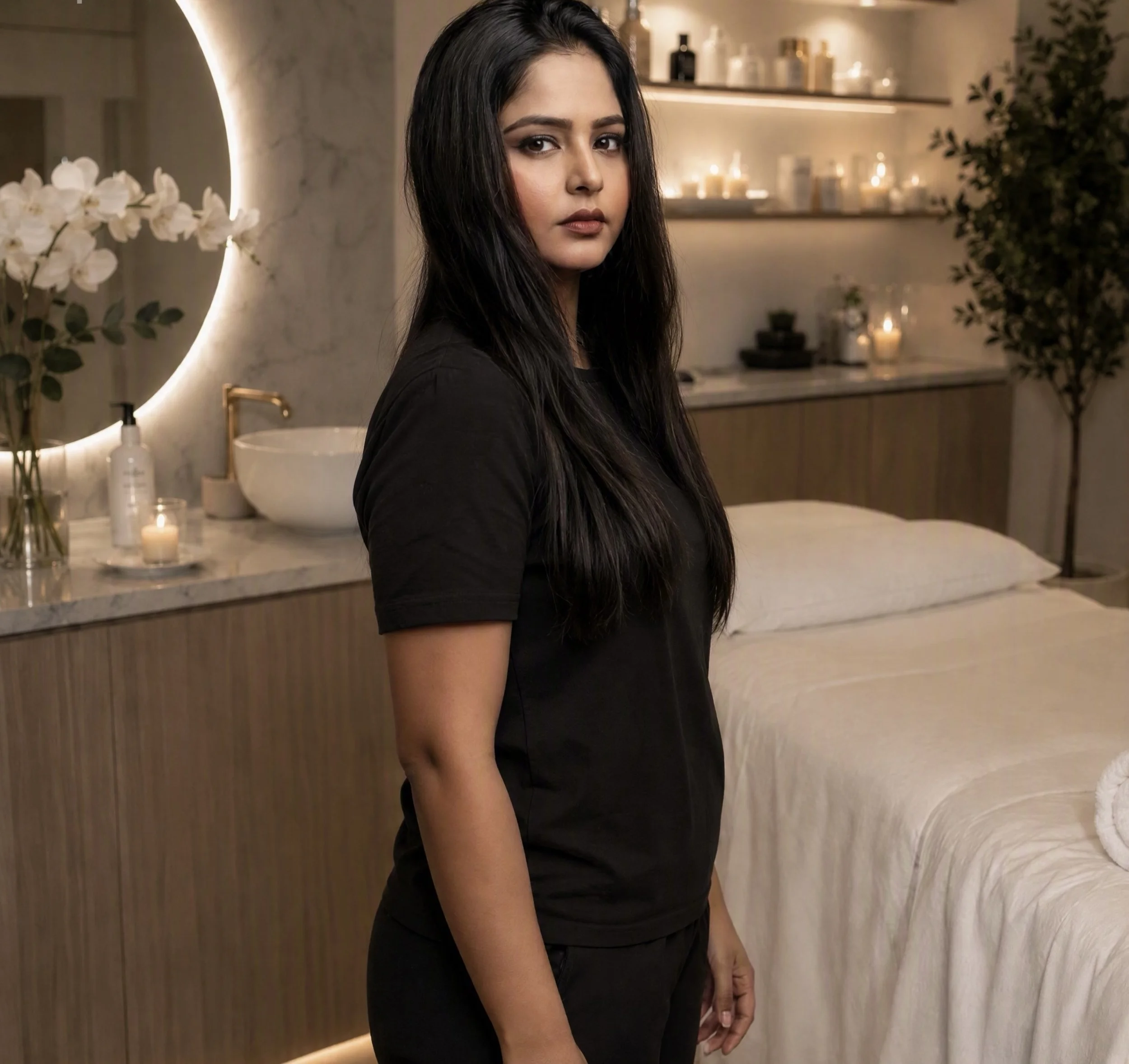 A woman with long black hair and wearing a black top standing in a warmly lit modern bathroom with candles and decorative items in the background.