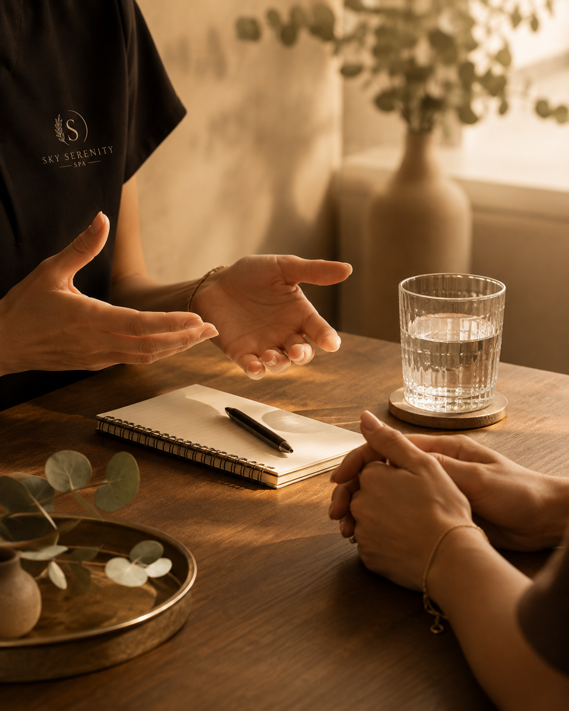 Two people having a conversation at a wooden table, with one person gesturing towards another. There is a notebook with a pen, a glass of water on a coaster, and some decorative plants on the table. The setting appears warm and cozy, with sunlight coming through a nearby window.