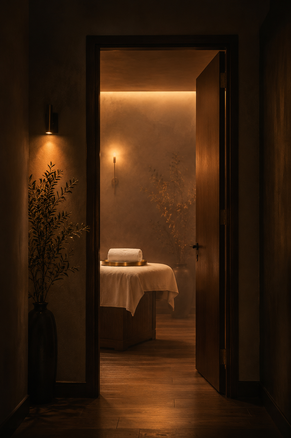 Dimly lit spa room with a massage bed covered in a white sheet, a rolled towel on a golden tray, and a large potted plant in the background, illuminated by warm soft lighting.