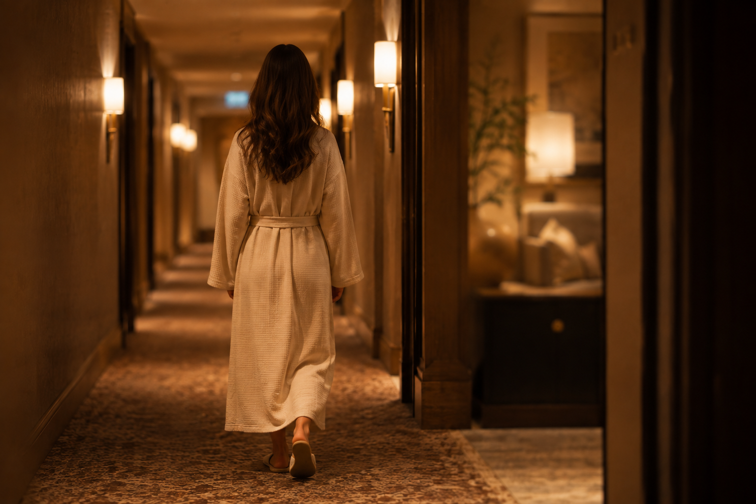 A woman with long wavy hair walking down a warmly lit hotel corridor, dressed in a cream-colored robe.