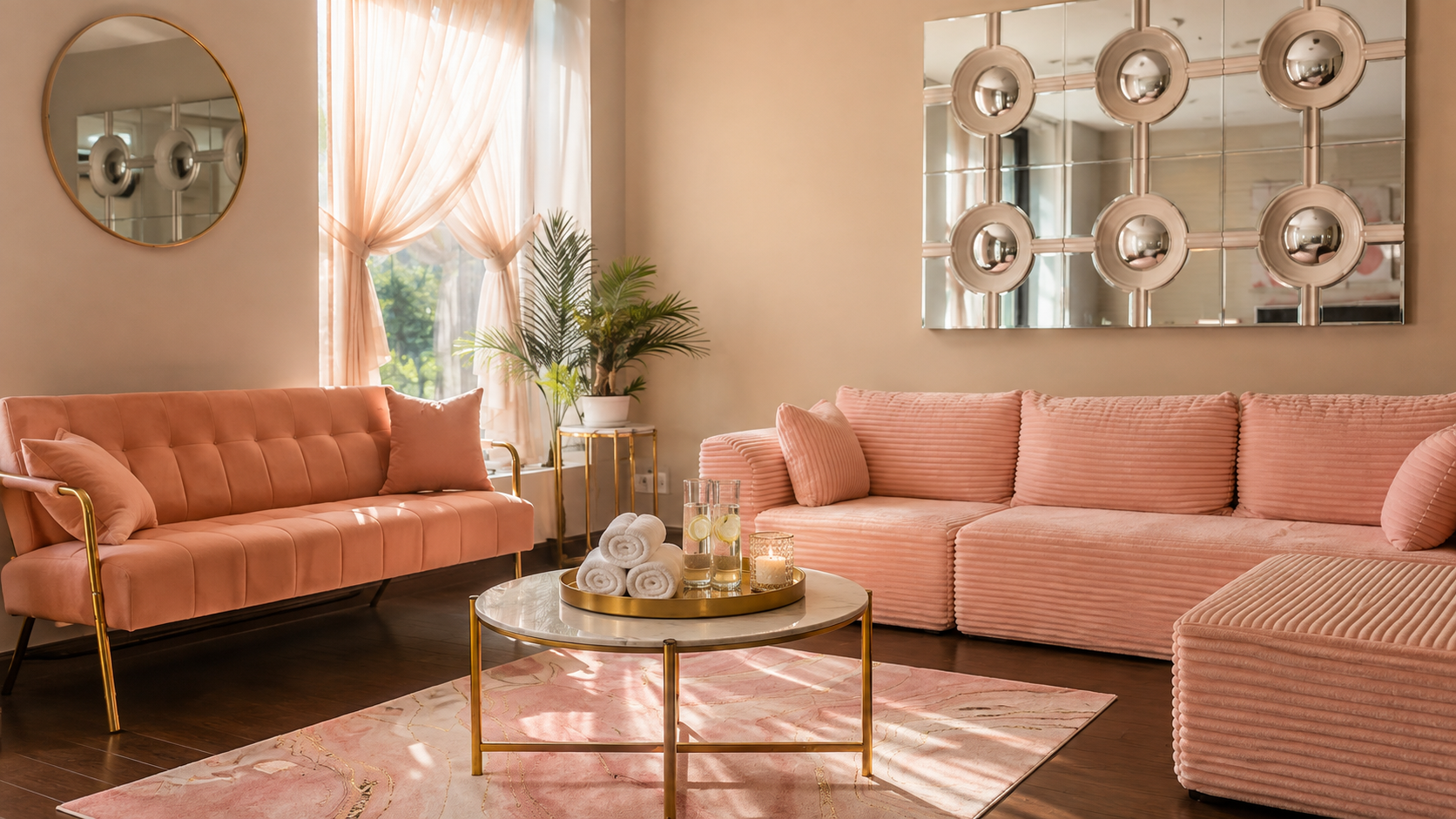 A living room with blush pink velvet sofas, a round coffee table with rolled white towels and glasses of lemon water, gold accents, and a large geometric mirror on the wall. Natural light streams through sheer pink curtains, illuminating a potted plant and a patterned pink rug.