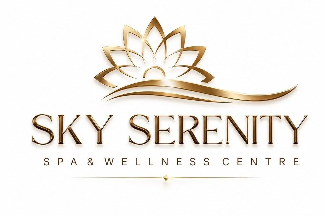Gold and white logo for Sky Serenity Spa & Wellness Centre with a stylized lotus flower and flowing lines.