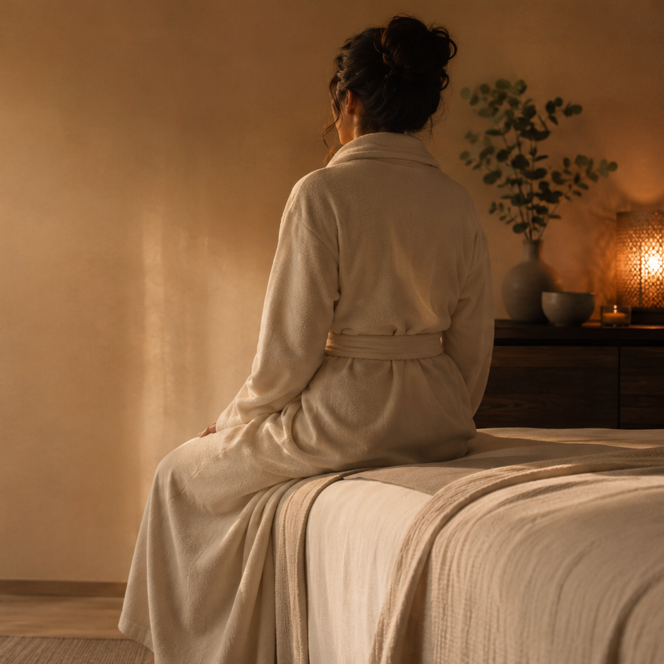 A woman sitting on a bed in a cozy, dimly lit room with warm lighting and decorative vases on a dresser in the background.