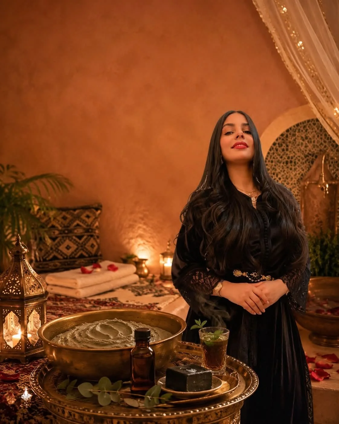 A woman with long dark hair wearing a black dress standing in an ornately decorated room with Moroccan-style lanterns, lush greenery, and multicolored patterned rugs, surrounded by candles and spa items, with warm ambient lighting.