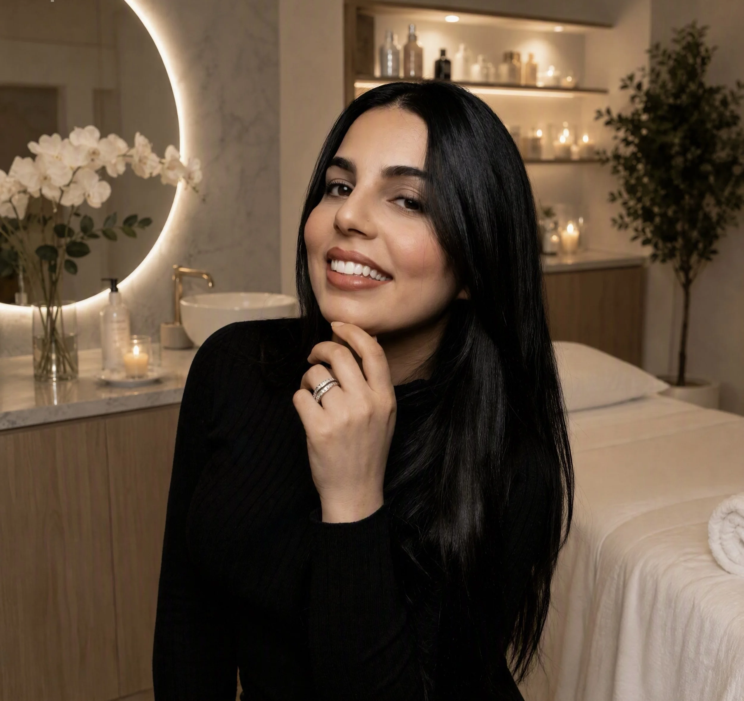 A woman with long dark hair smiling in front of a bathroom mirror, with candles and plants in the background.