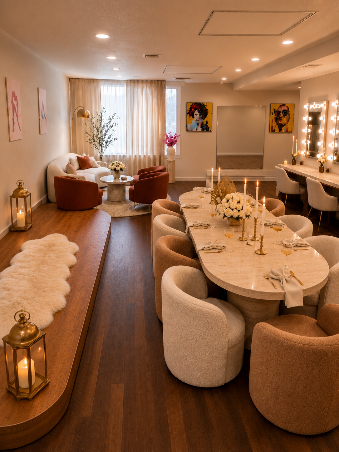 An elegant dining and lounge area with a large oval table set for a meal, surrounded by plush beige and pink chairs, with candles and flower arrangements. There is a smaller seating nook with a white sofa and two red chairs, a round marble coffee table, and wall art. The room has warm lighting, wood flooring, and soft curtains.