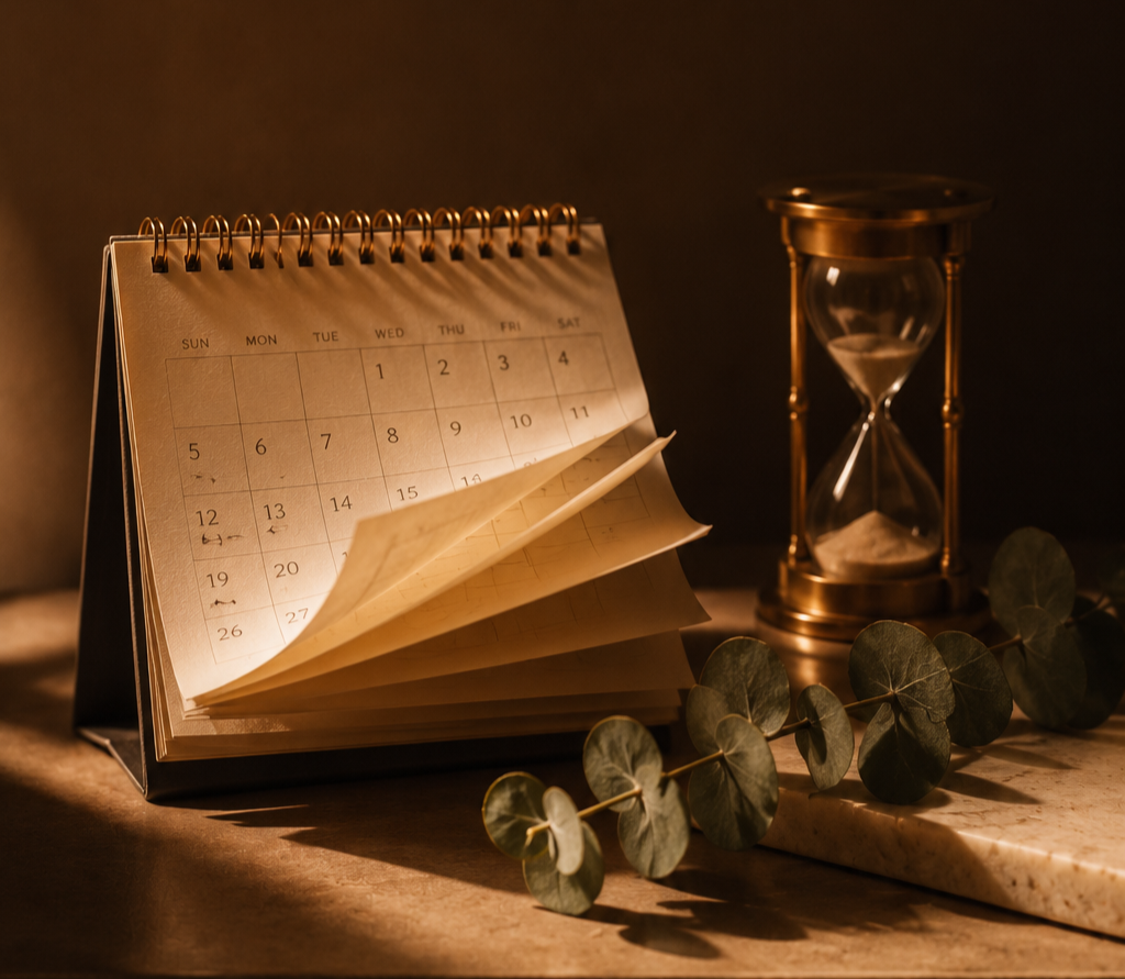 A desk calendar, an hourglass, and some eucalyptus leaves on a wooden surface, with warm lighting.