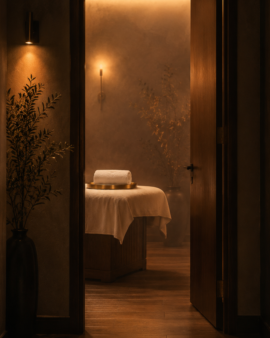 Spa room with a massage table covered in a white sheet, a rolled towel on a tray, potted plants, and warm ambient lighting.