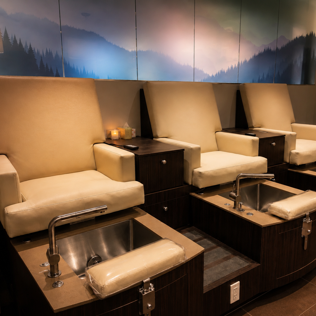 Nail salon with three pedicure chairs, each with a small indoor garden-like backdrop featuring mountain and forest artwork on the wall.