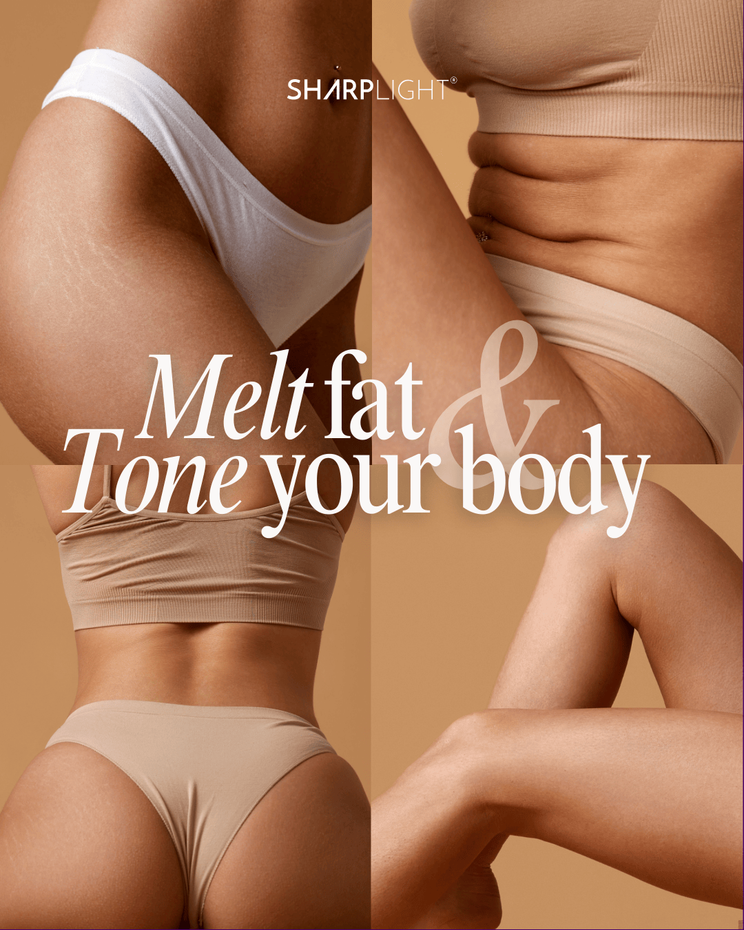 Collage of four images showcasing different women's midsections, promoting melting fat and toning the body.