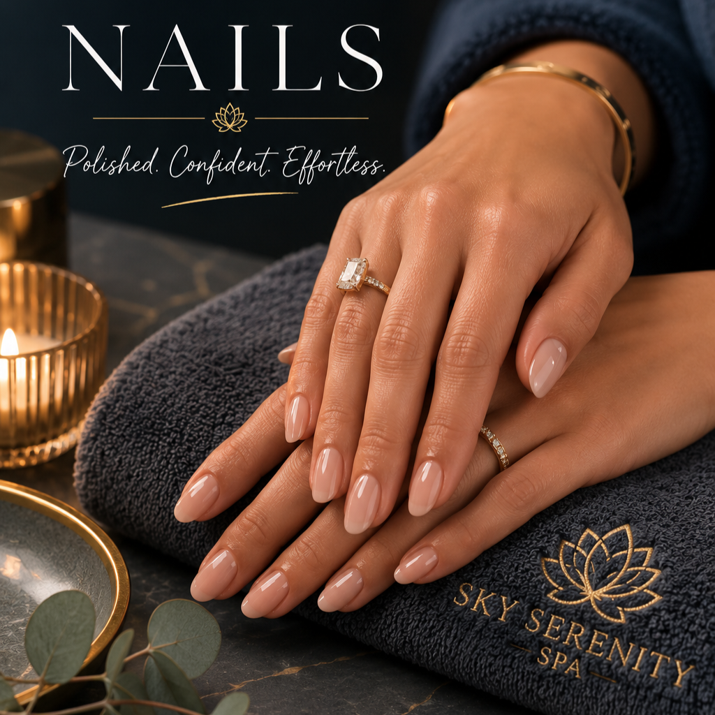 Close-up of a woman's hands with manicured nails, wearing a diamond ring and a gold bracelet, resting on a gray towel embroidered with "Sky Serenity Spa". Candles and greenery are in the background, suggesting a spa or beauty salon setting.