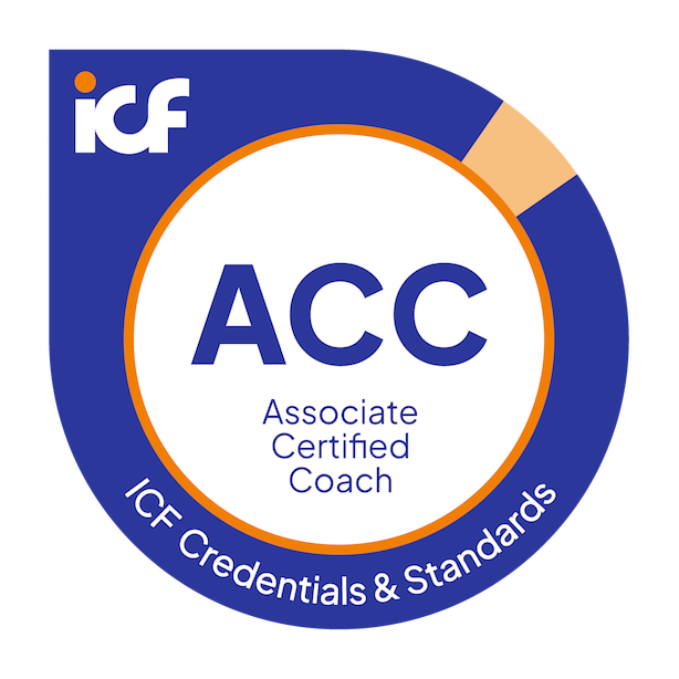 ICF Associate Certified Coach badge with blue and orange design, displaying ICF logo, 'ACC' in large letters, and 'Associate Certified Coach' and 'ICF Credentials & Standards' text.