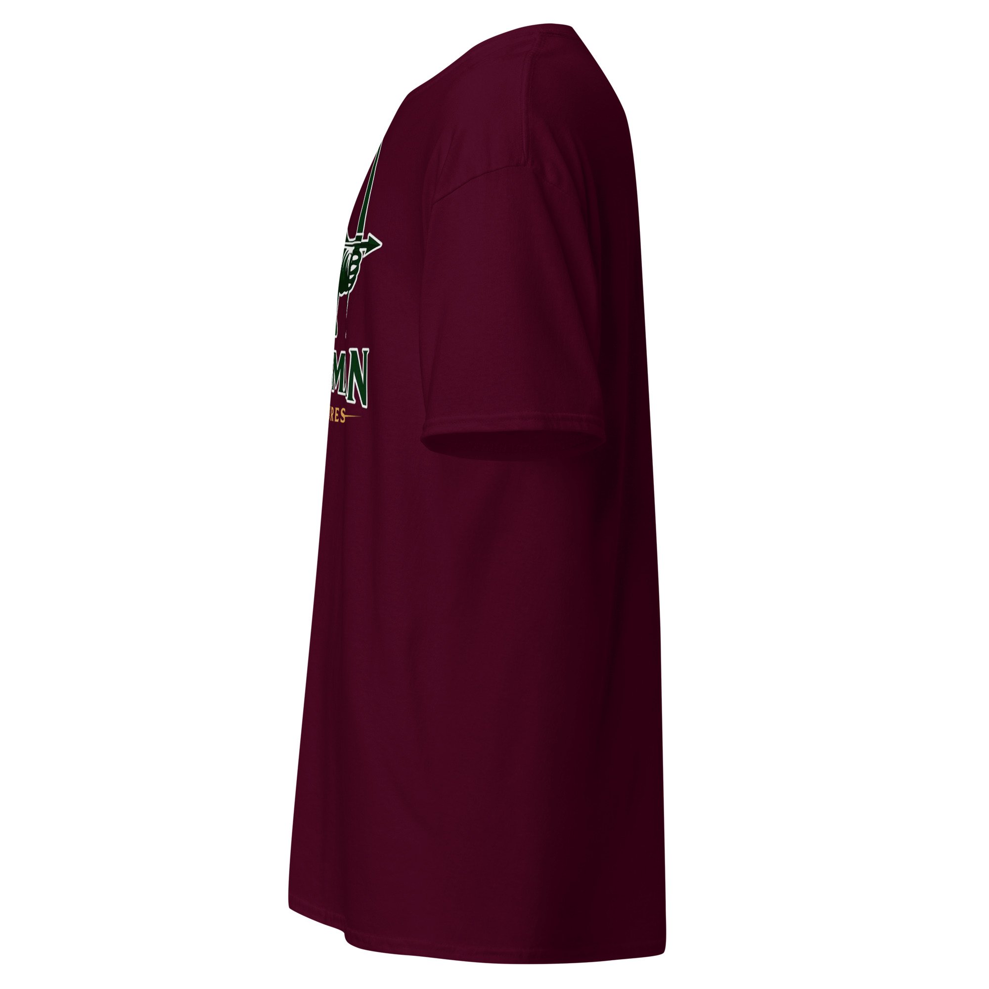 Huntsman Miniatures logo T-shirt in maroon, left side view