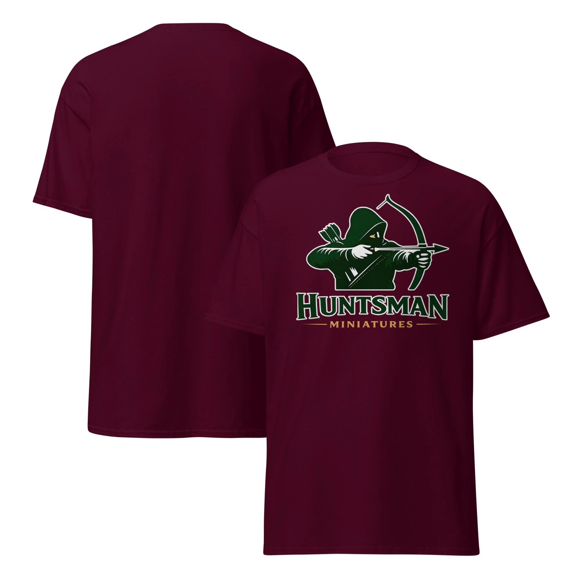 Huntsman Miniatures logo T-shirt in maroon, front and back views