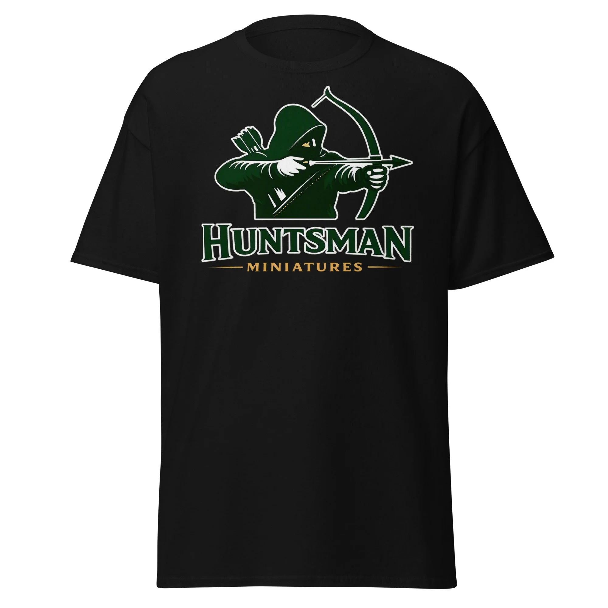 Huntsman Miniatures logo T-shirt in black, front view