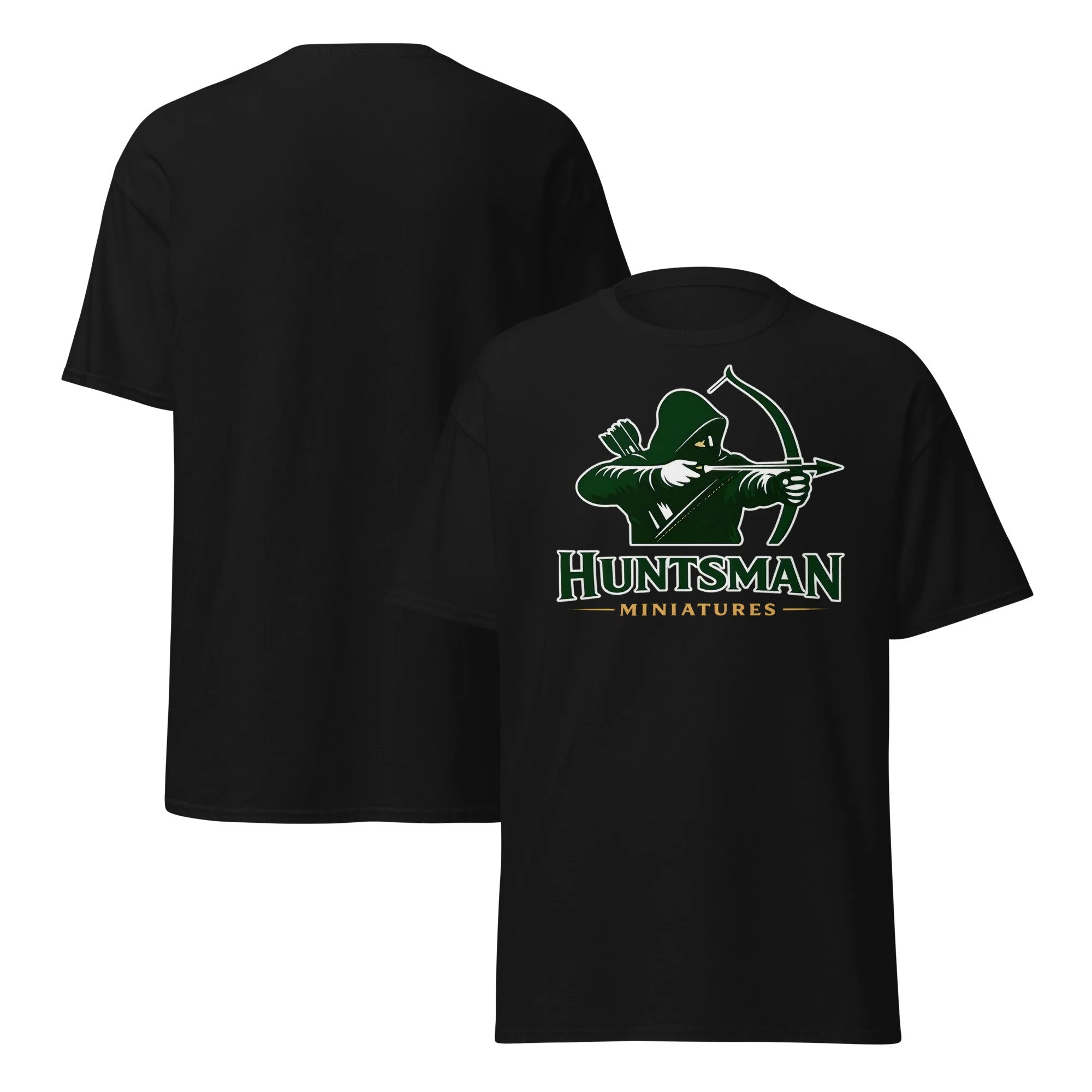 Huntsman Miniatures logo T-shirt in black, front and back views