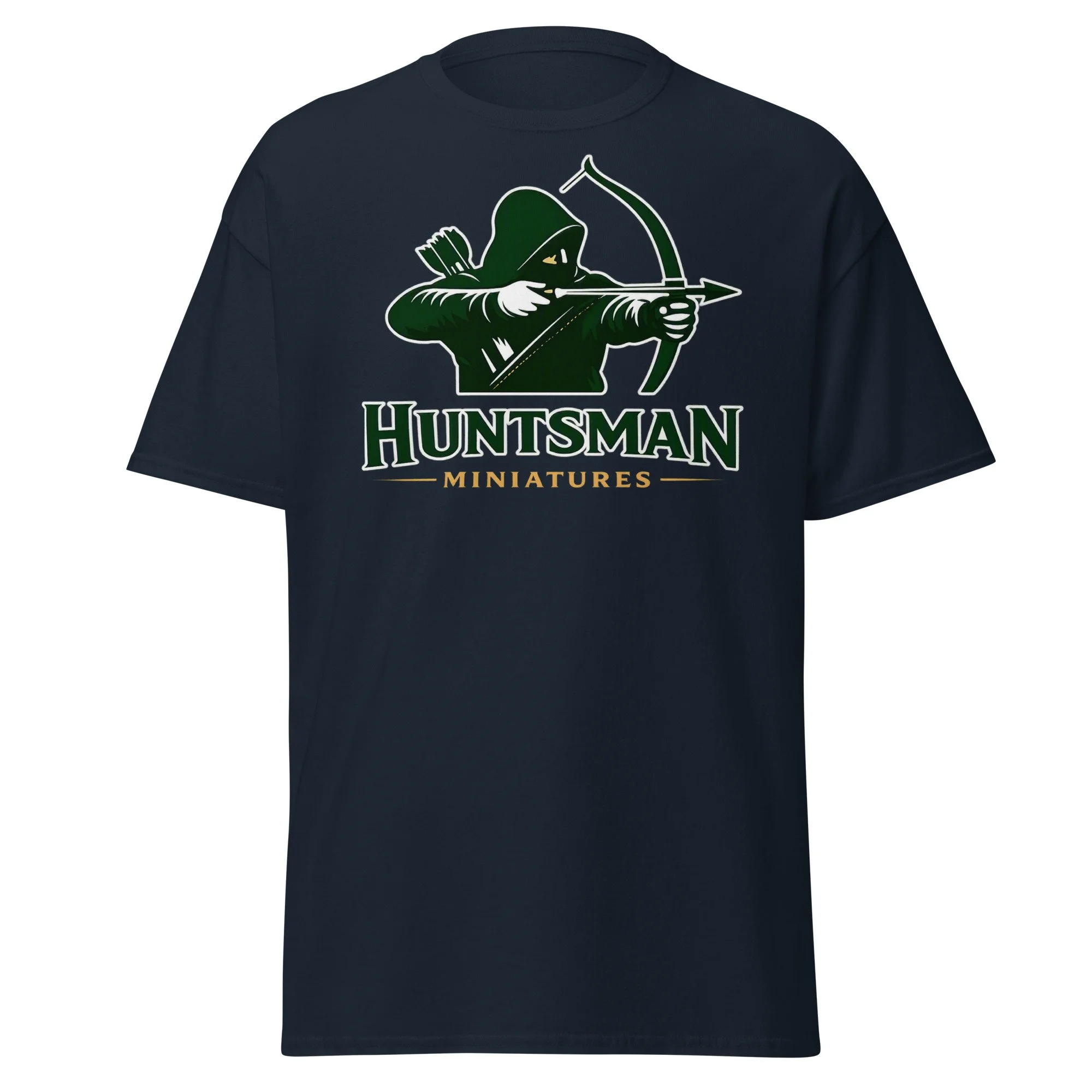 Huntsman Miniatures logo T-shirt in navy, front view