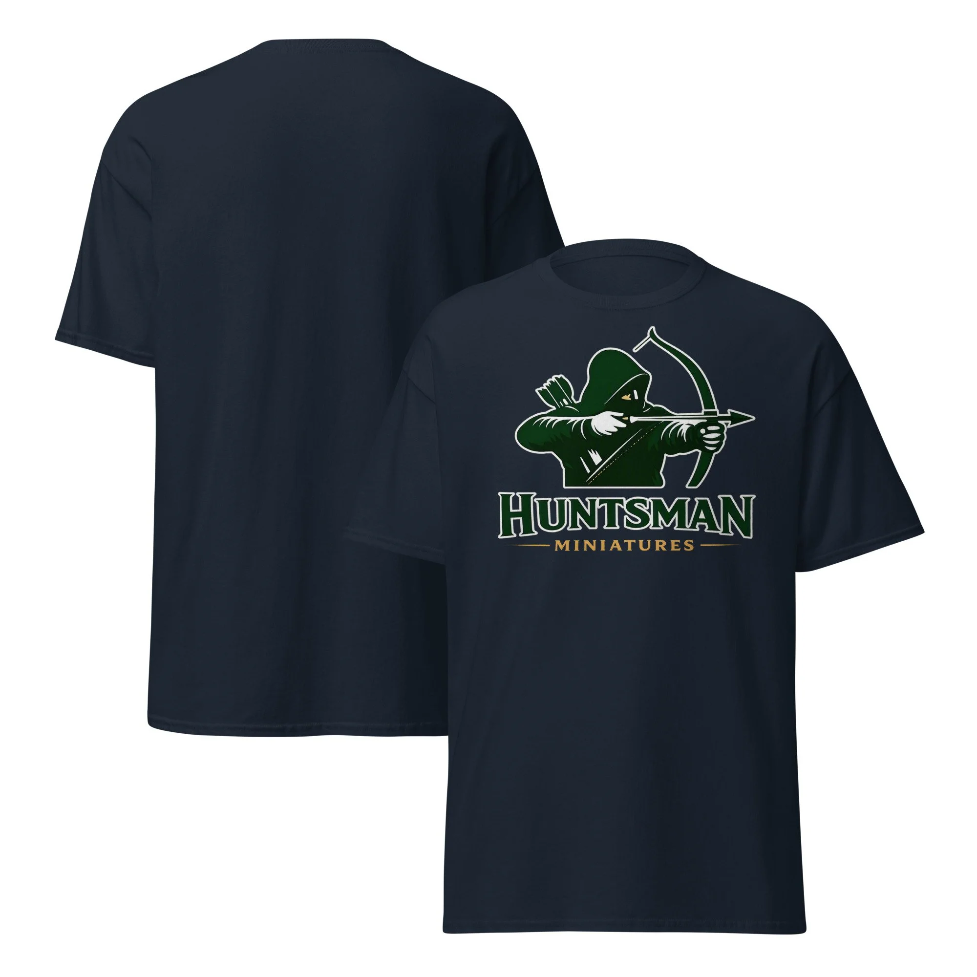 Huntsman Miniatures logo T-shirt in navy, front and back views