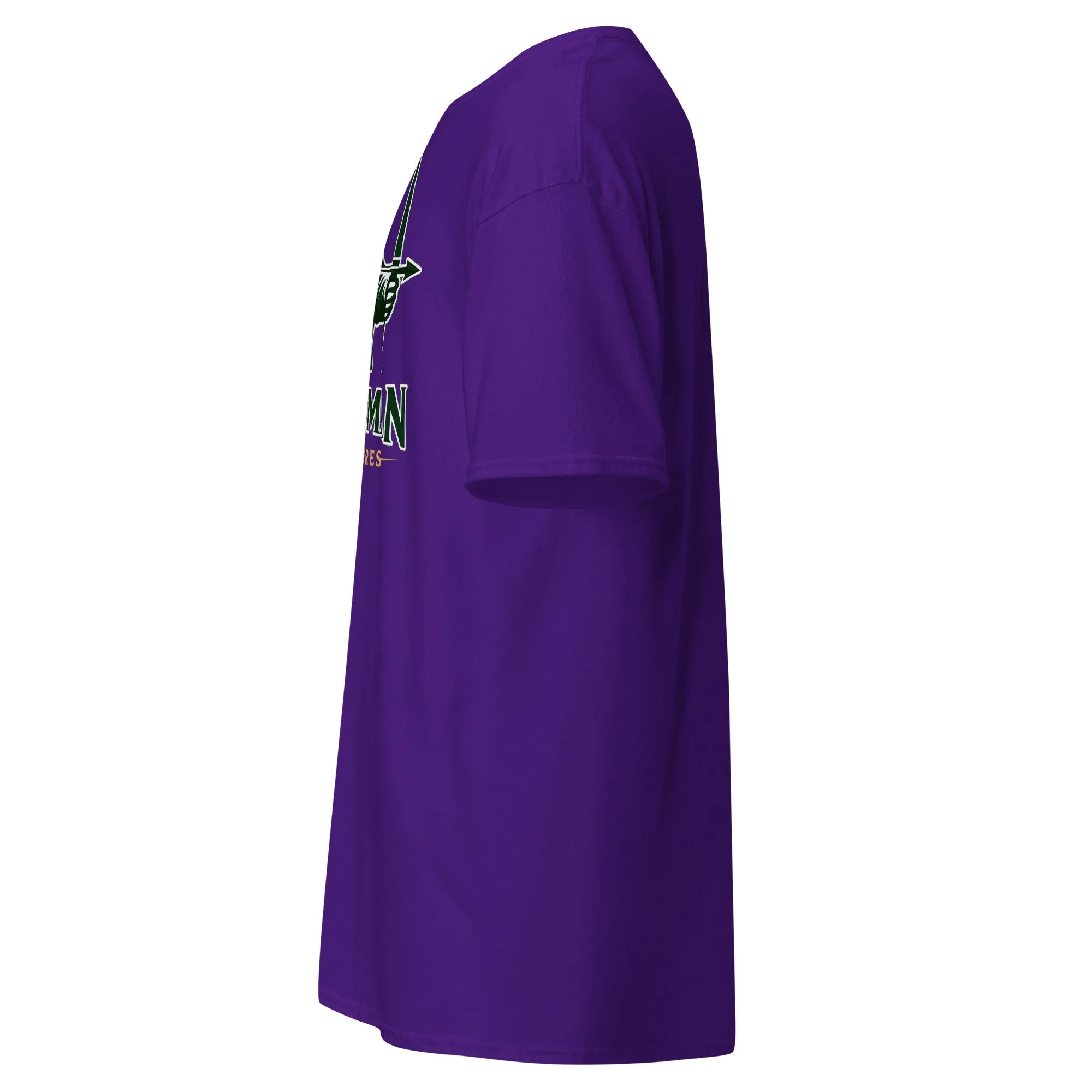 Huntsman Miniatures logo T-shirt in purple, left side view