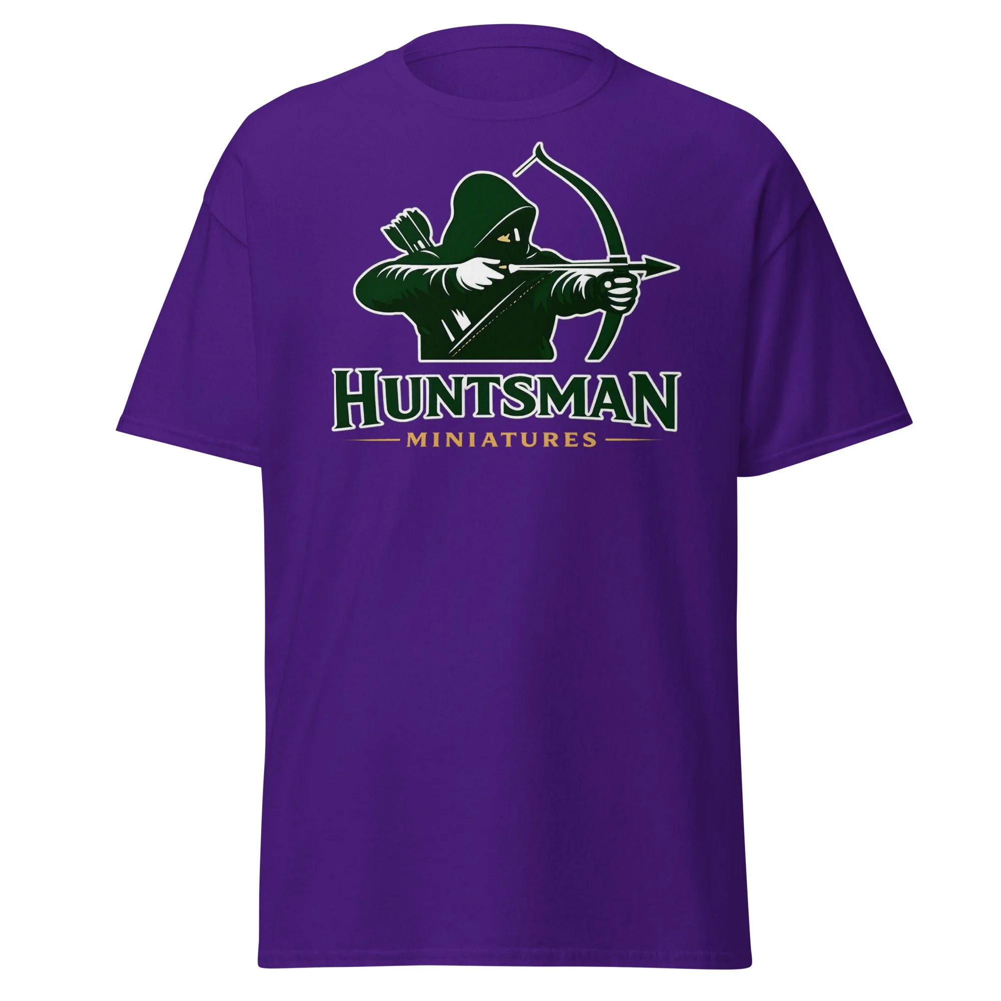 Huntsman Miniatures logo T-shirt in purple, front view