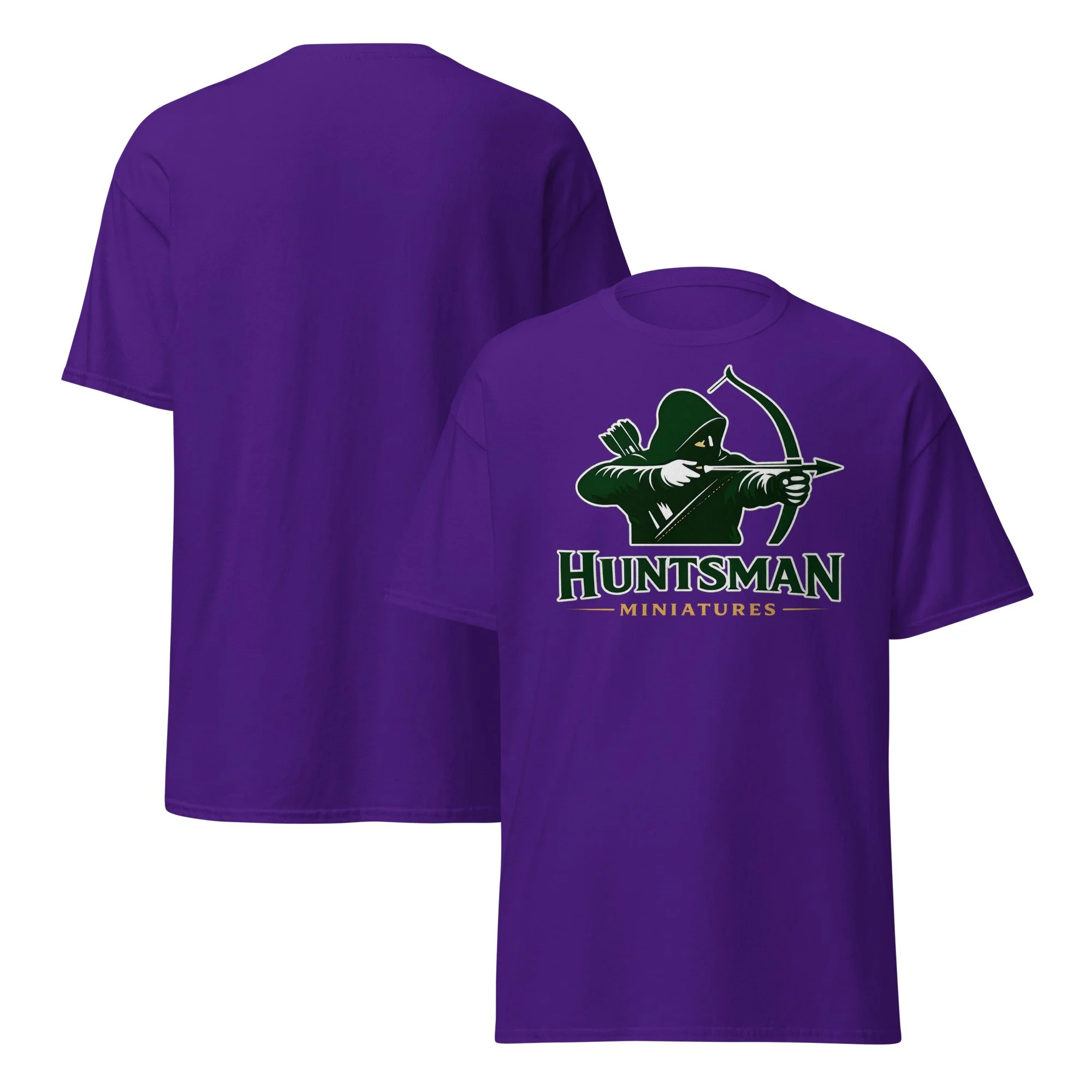Huntsman Miniatures logo T-shirt in purple, front and back views