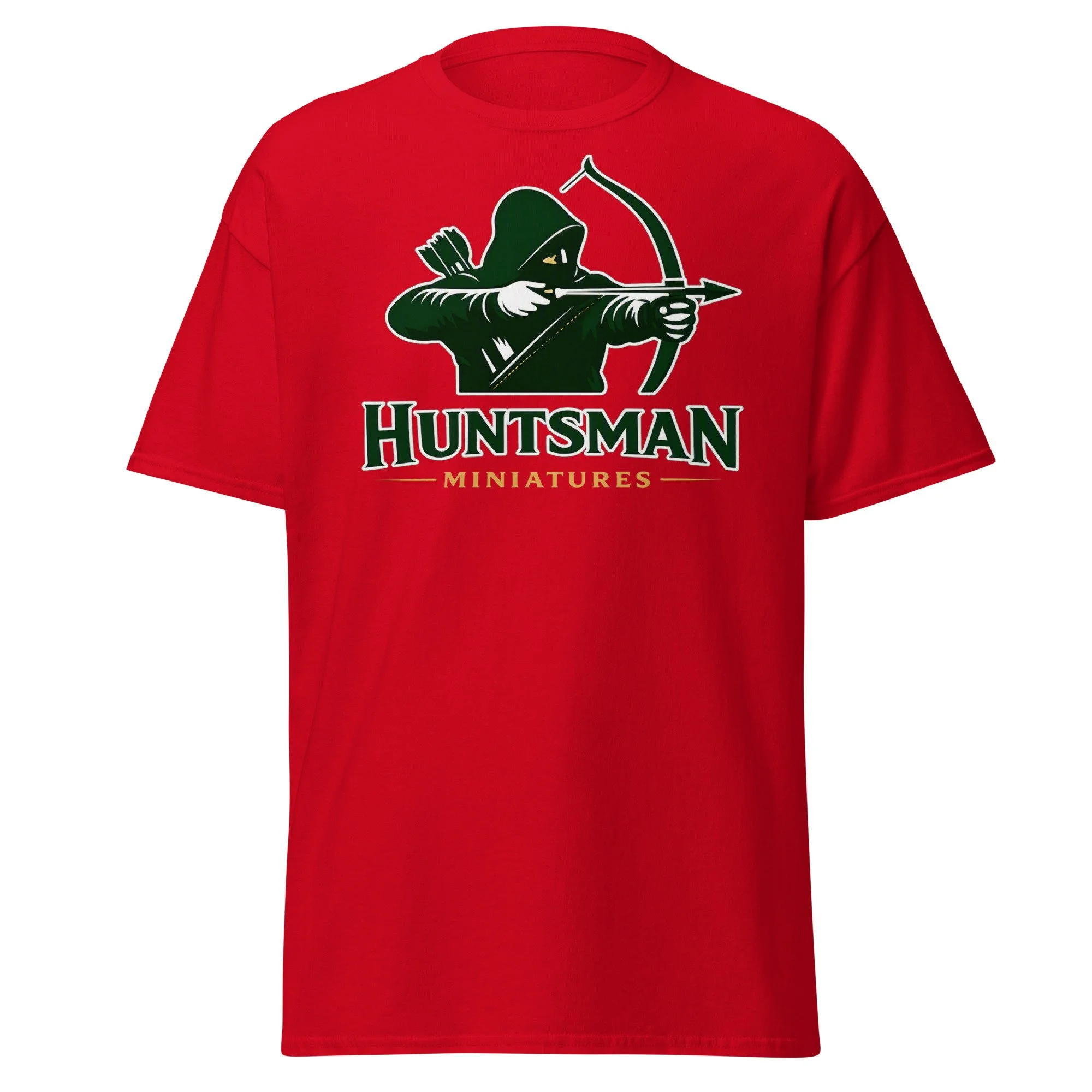 Huntsman Miniatures logo T-shirt in red, front view