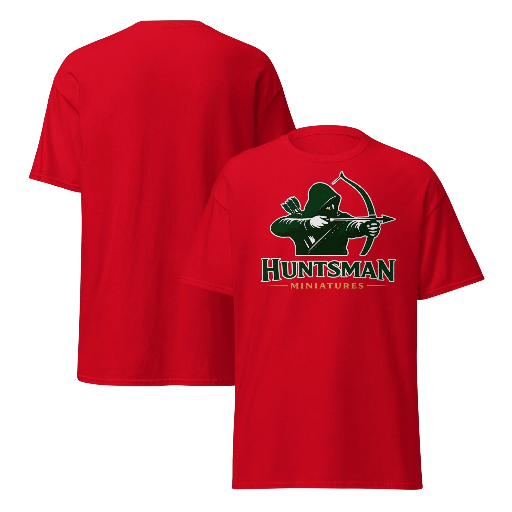 Huntsman Miniatures logo T-shirt in red, front and back views