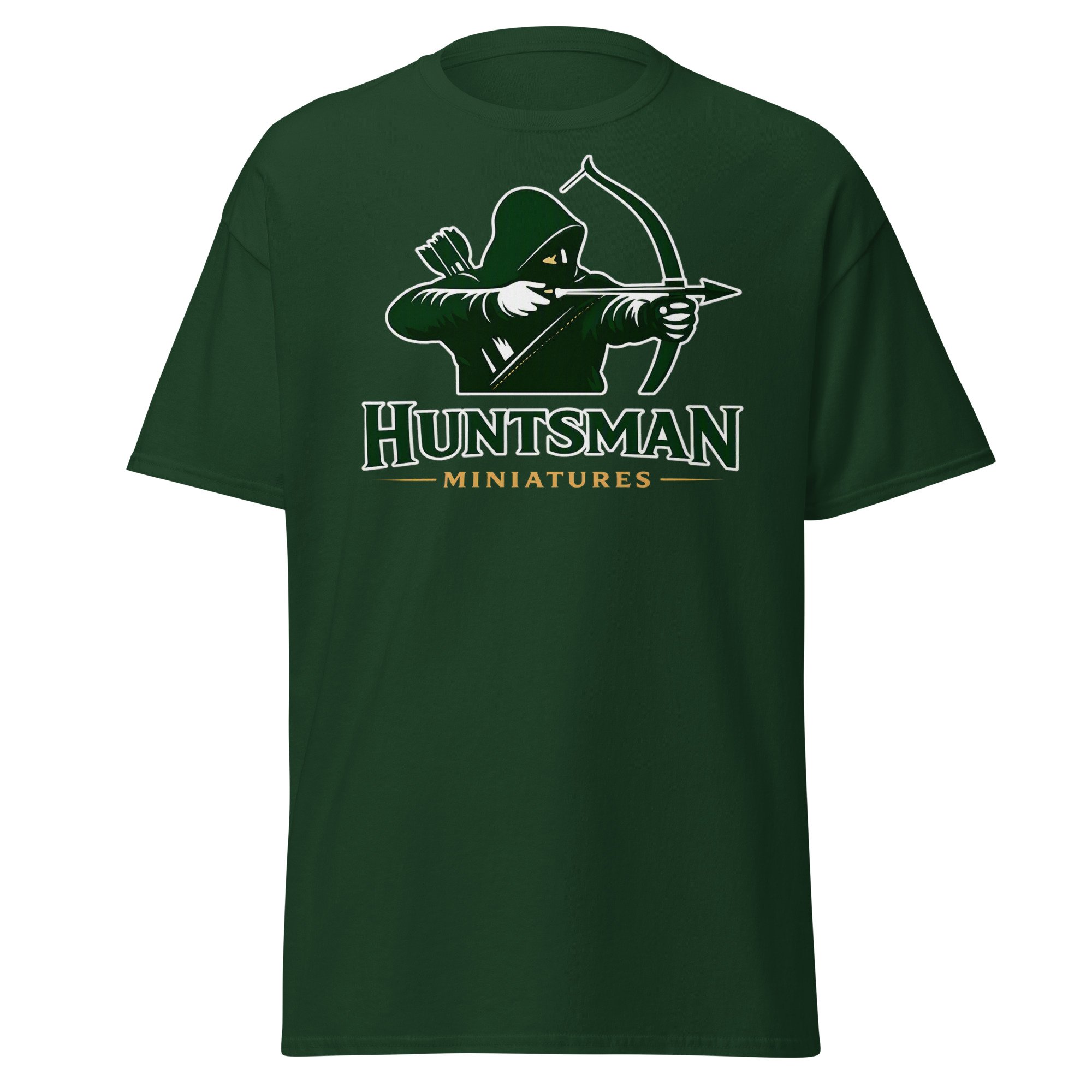 Huntsman Miniatures logo T-shirt in forest green, front view