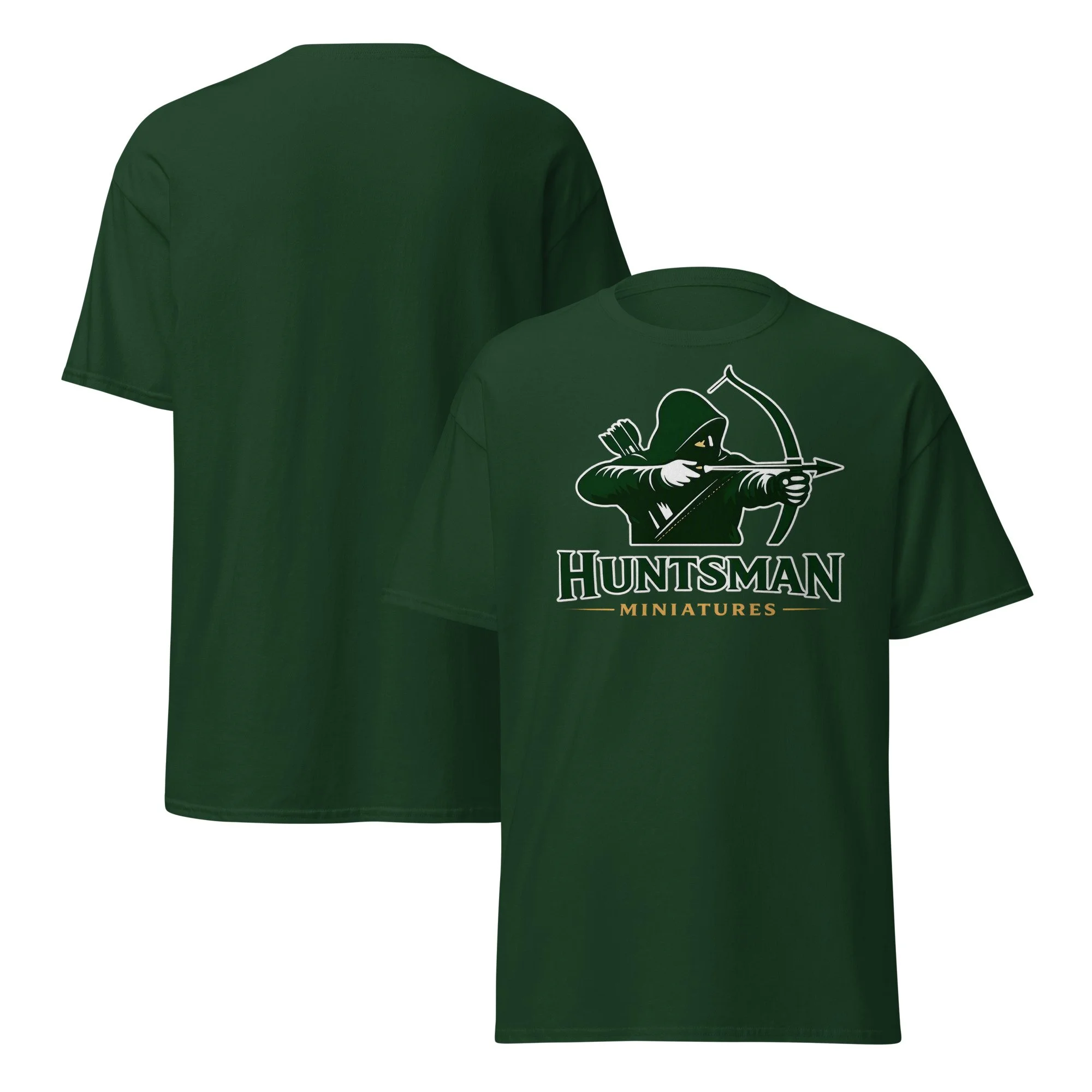Huntsman Miniatures logo T-shirt in forest green, front and back views