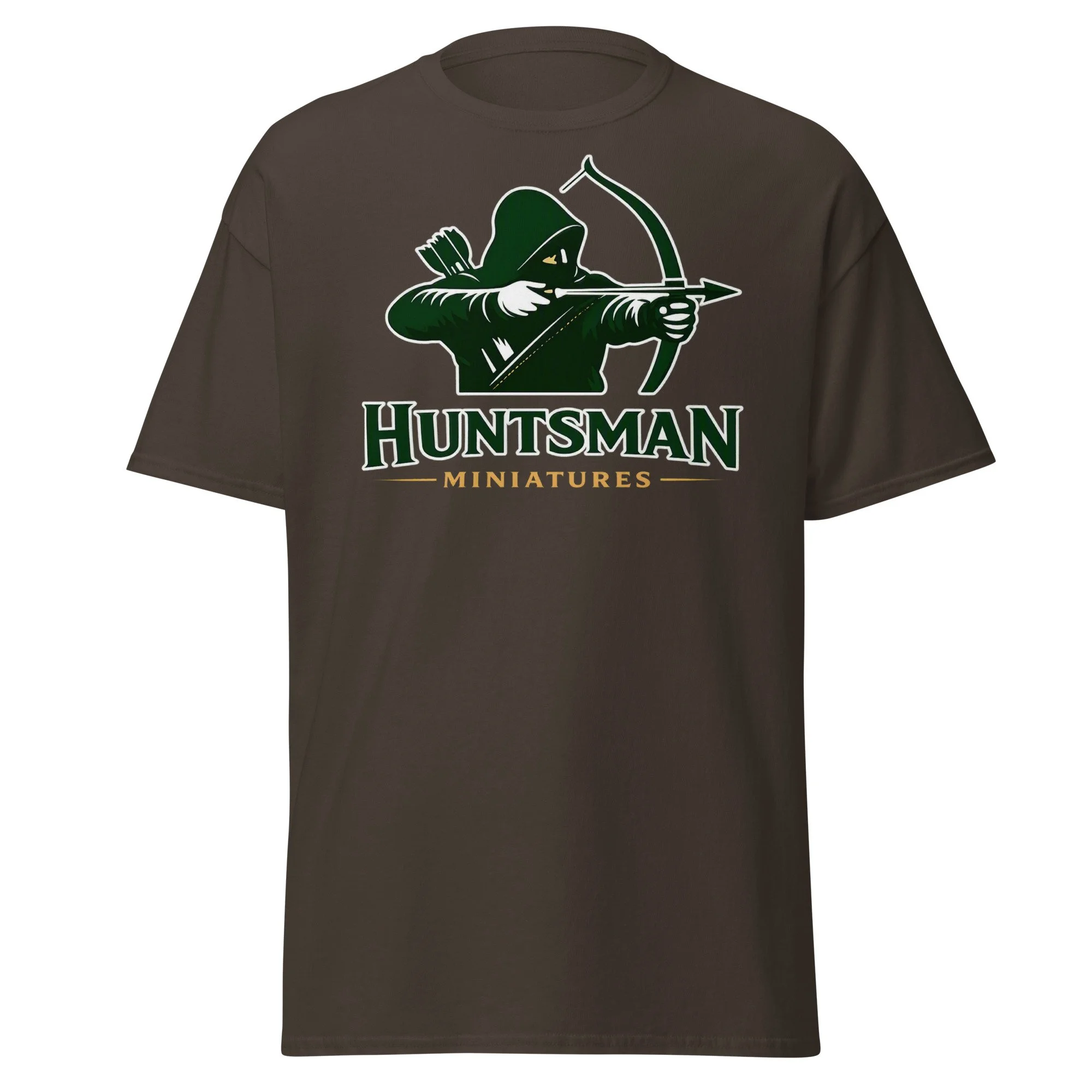 Huntsman Miniatures logo T-shirt in dark chocolate, front view