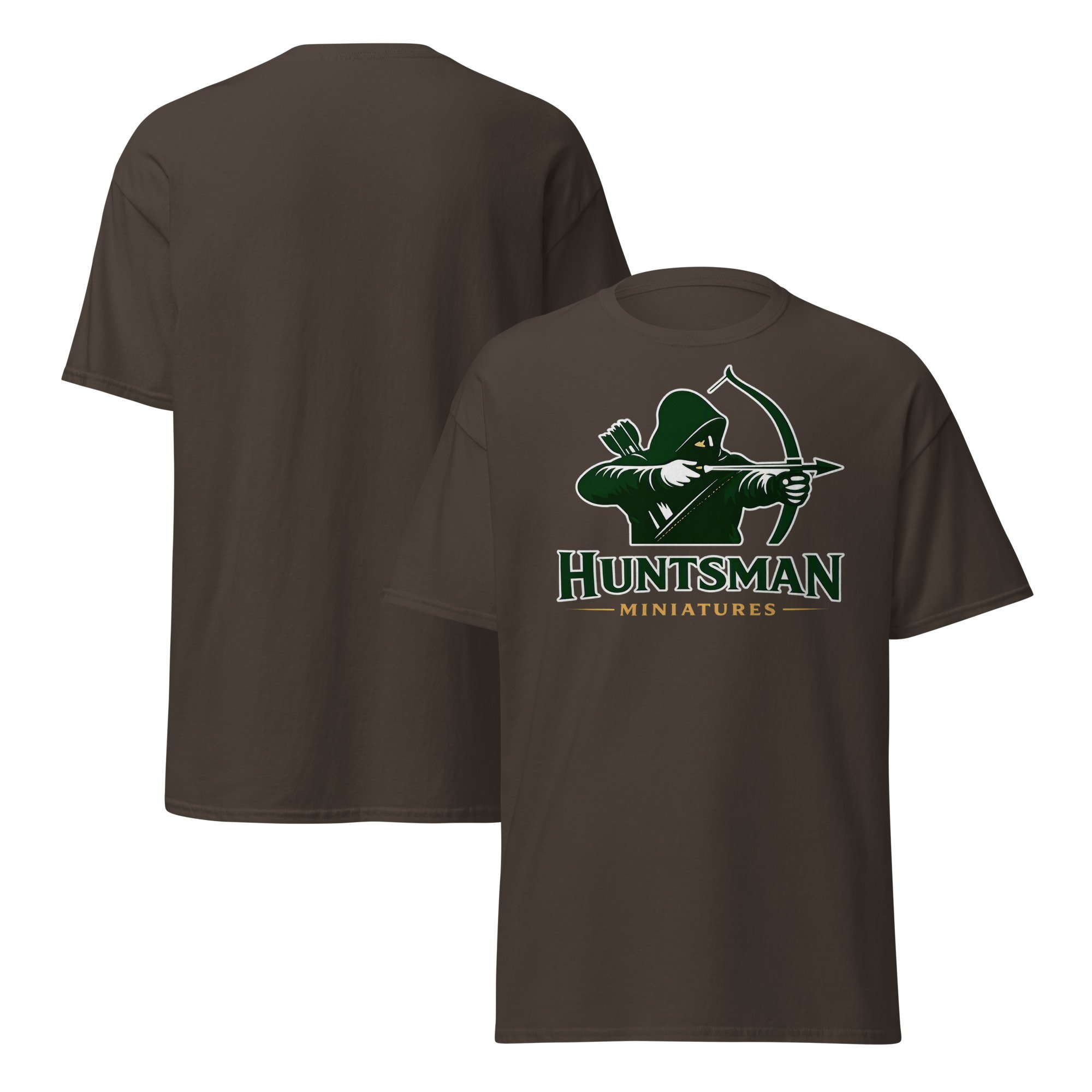 Huntsman Miniatures logo T-shirt in dark chocolate, front and back views