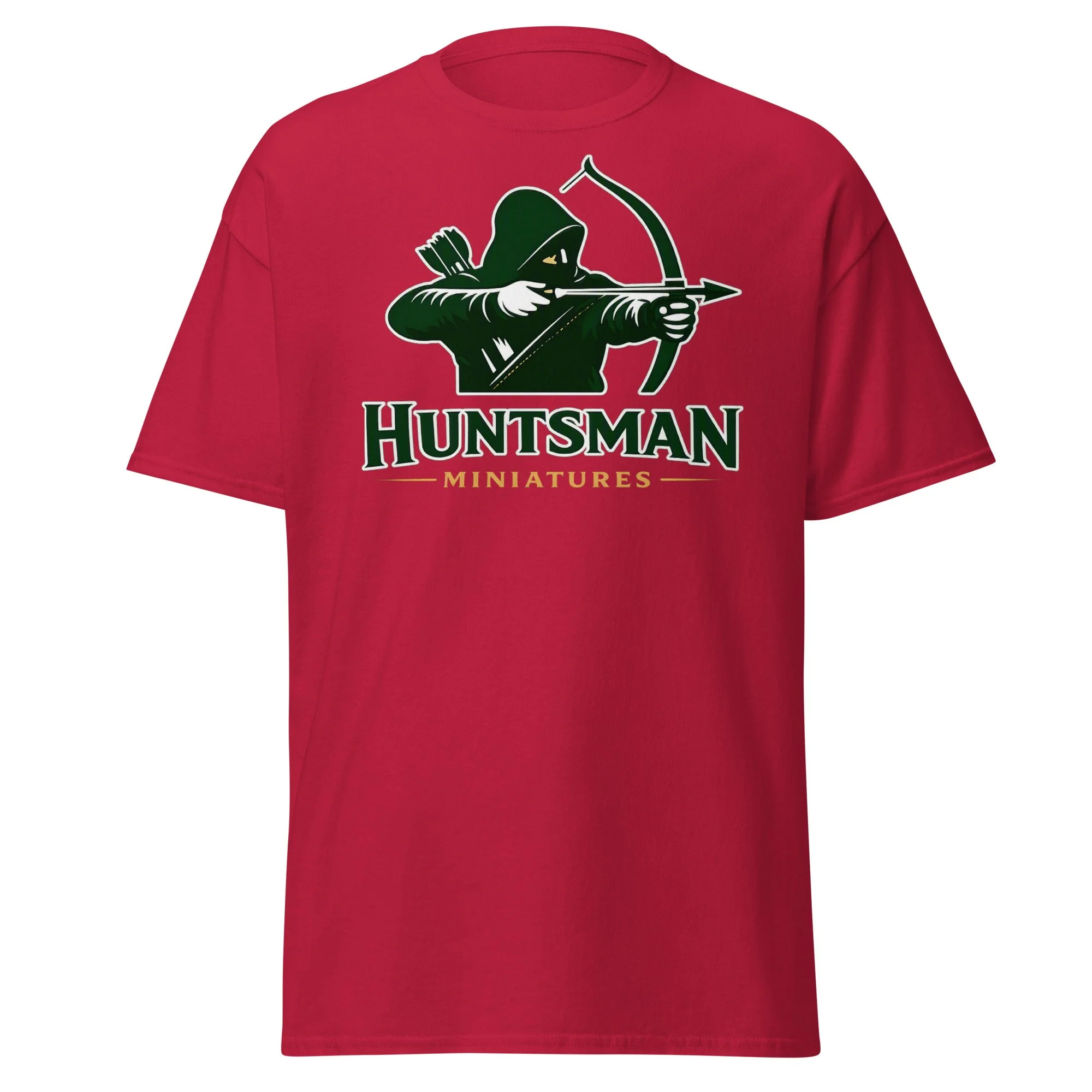 Huntsman Miniatures logo T-shirt in cardinal, front view