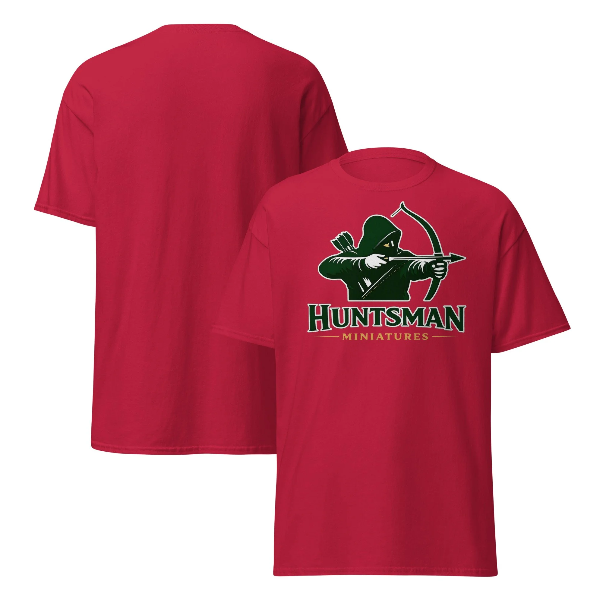 Huntsman Miniatures logo T-shirt in cardinal, front and back views