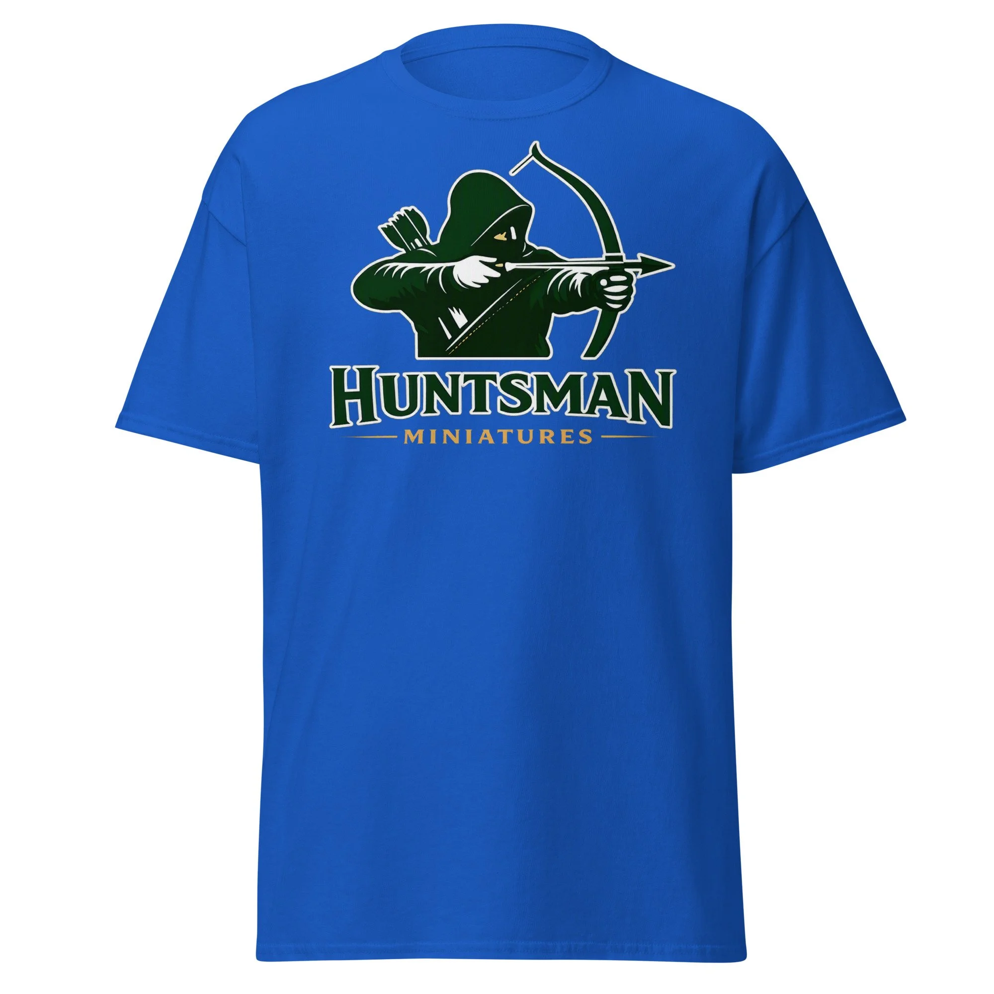Huntsman Miniatures logo T-shirt in royal, front view