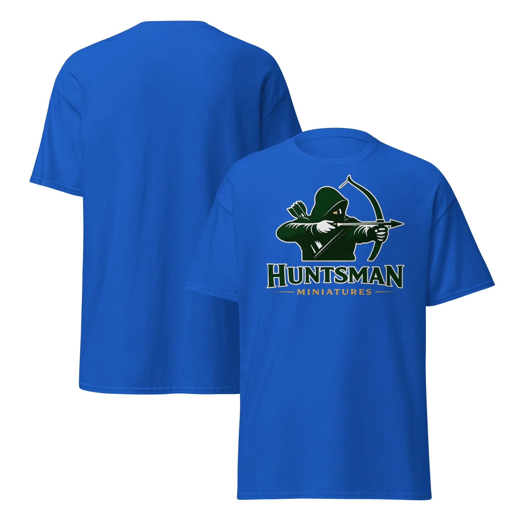 Huntsman Miniatures logo T-shirt in royal, front and back views