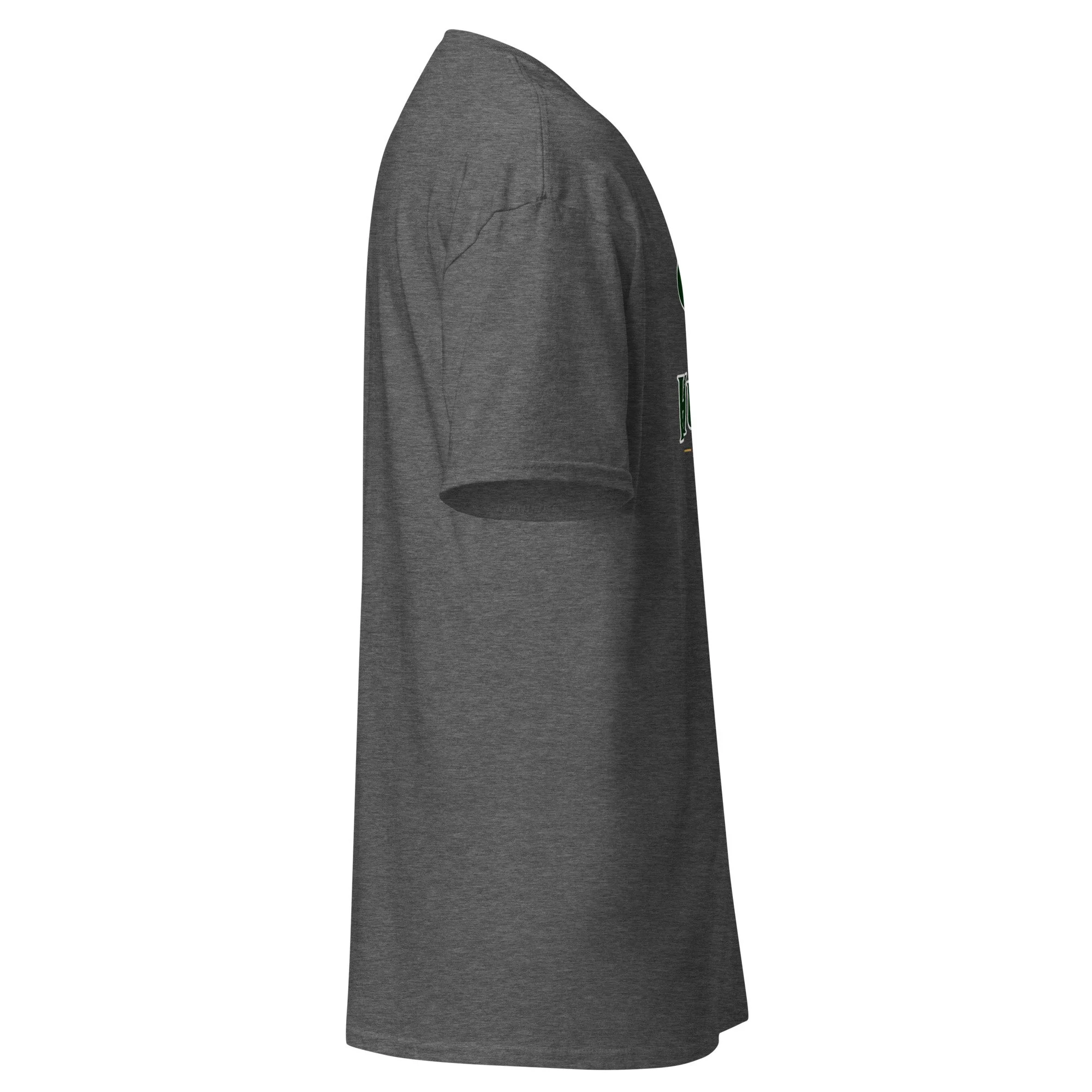 Huntsman Miniatures logo T-shirt in dark heather, right side view