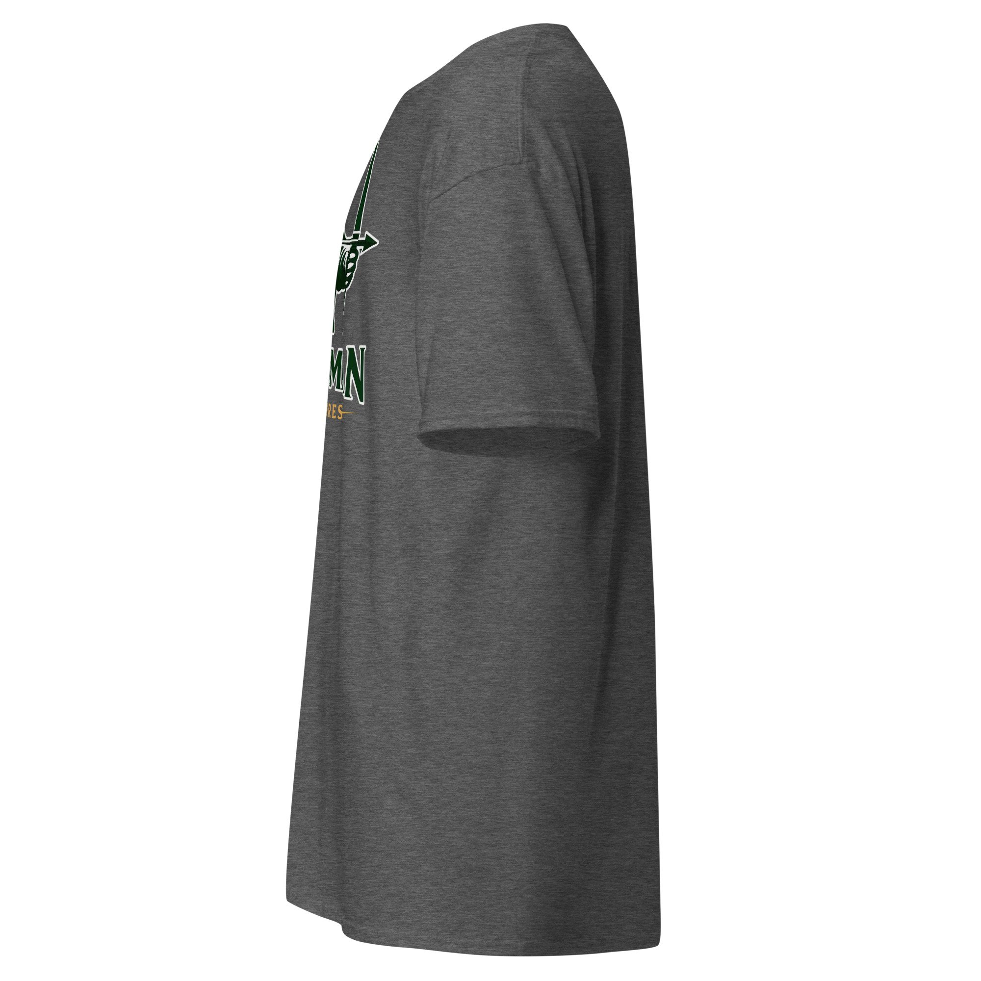 Huntsman Miniatures logo T-shirt in dark heather, left side view