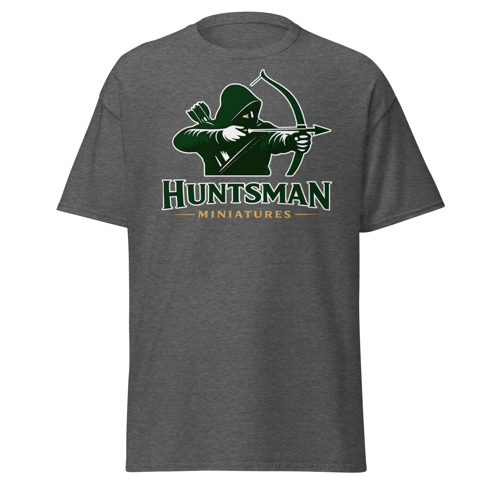 Huntsman Miniatures logo T-shirt in dark heather, front view