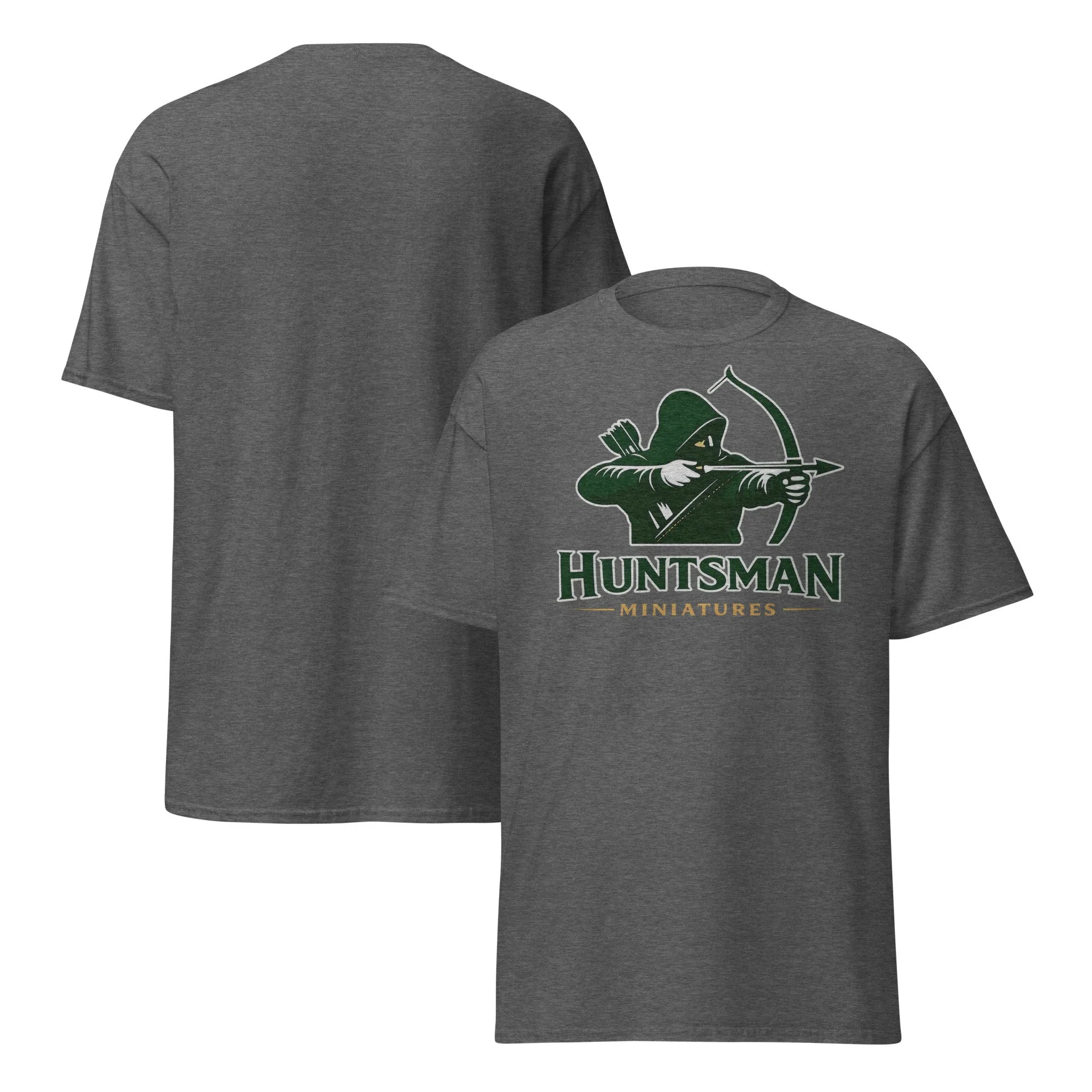 Huntsman Miniatures logo T-shirt in dark heather, front and back views