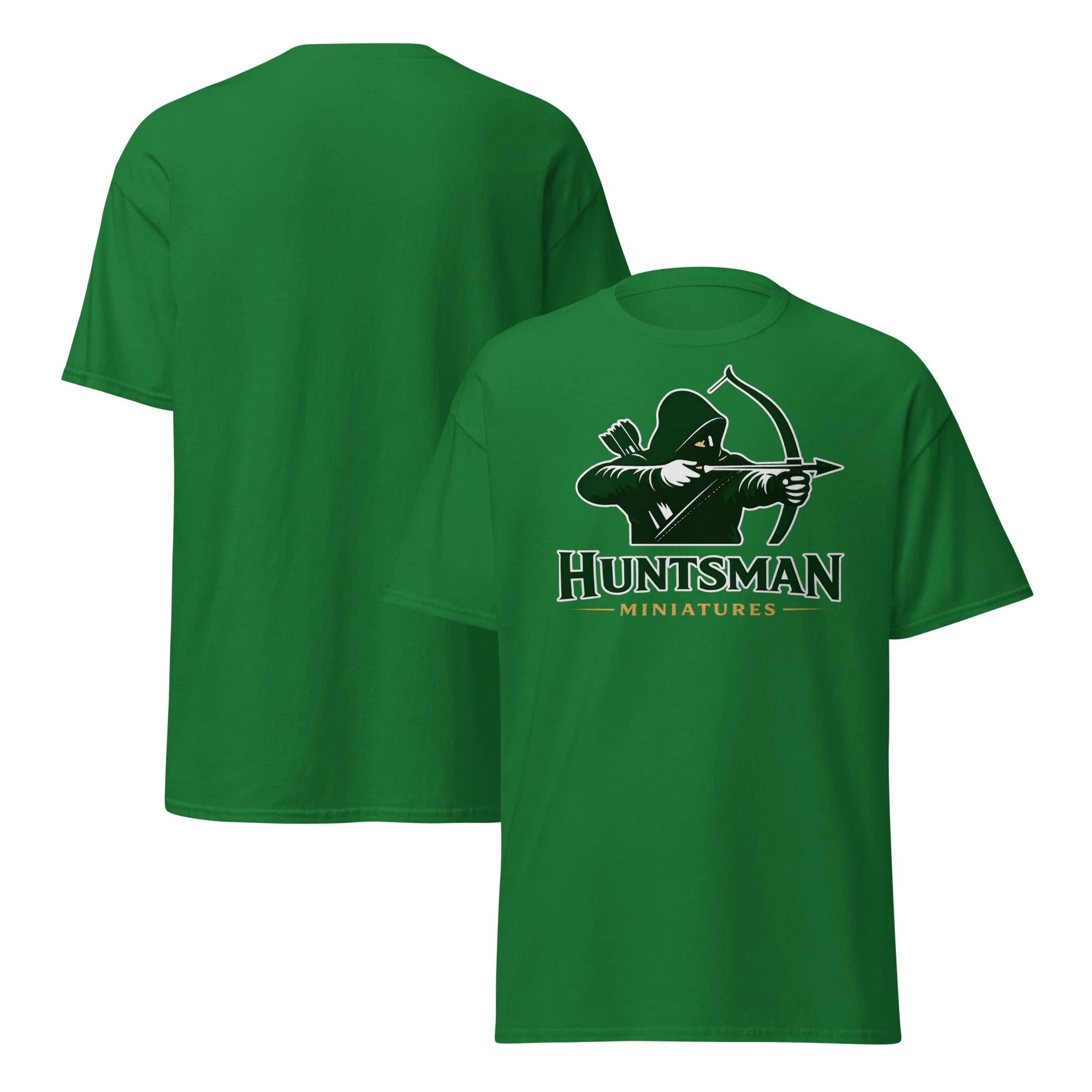 Huntsman Miniatures logo T-shirt in turf green, front and back views