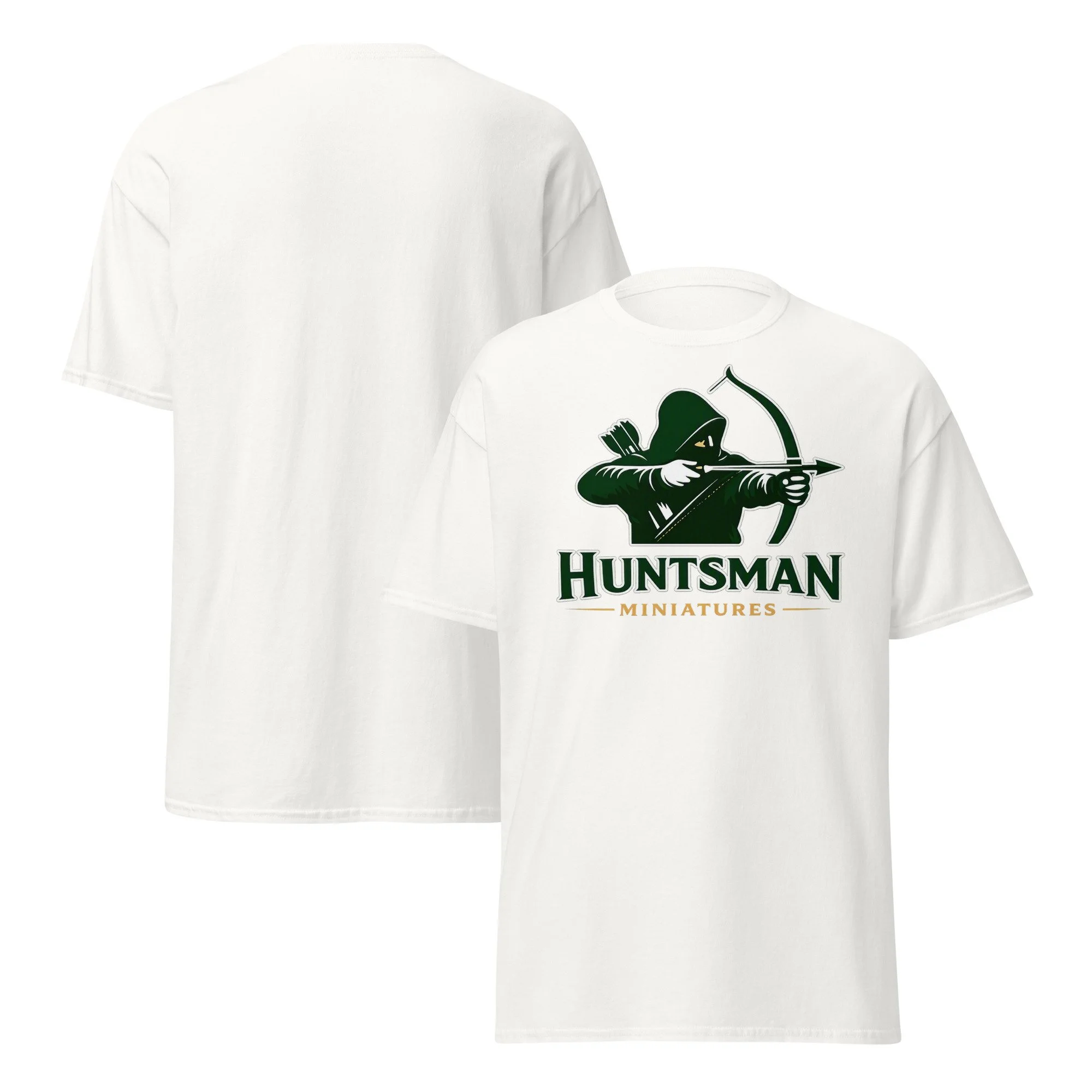 Huntsman Miniatures logo T-shirt in white, front and back views