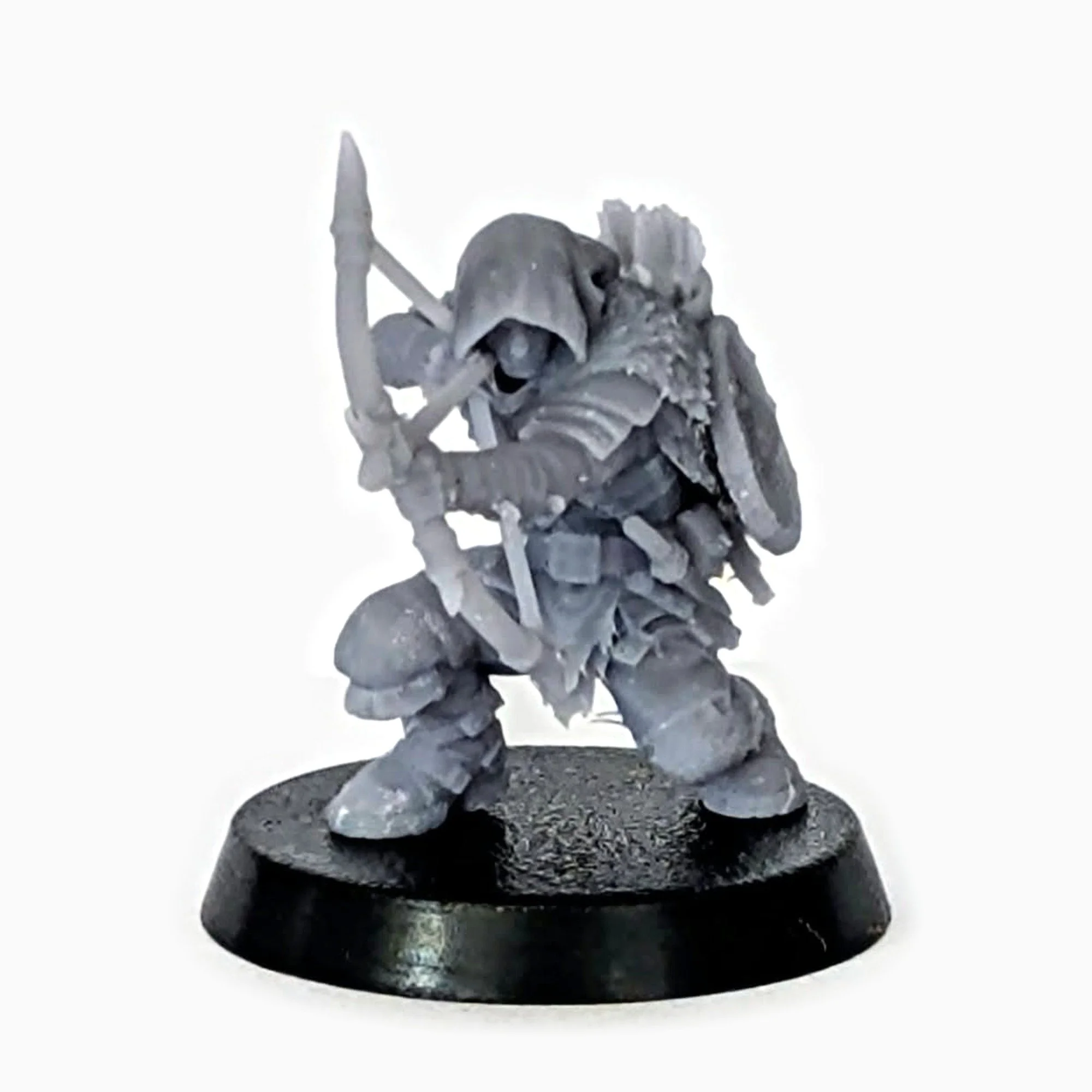 Hooded Huntsman archer miniature kneeling at full draw, unpainted resin