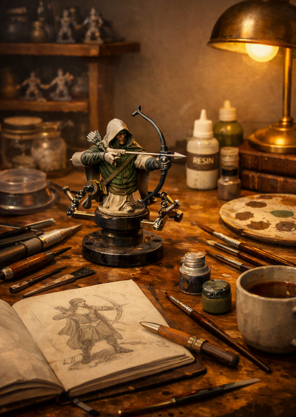 A workspace with a detailed miniature archer figure, various sculpting and painting tools, small bottles of paint and resin, a sketchbook with a drawing of a character, a cup of dark liquid, and a warm desk lamp.